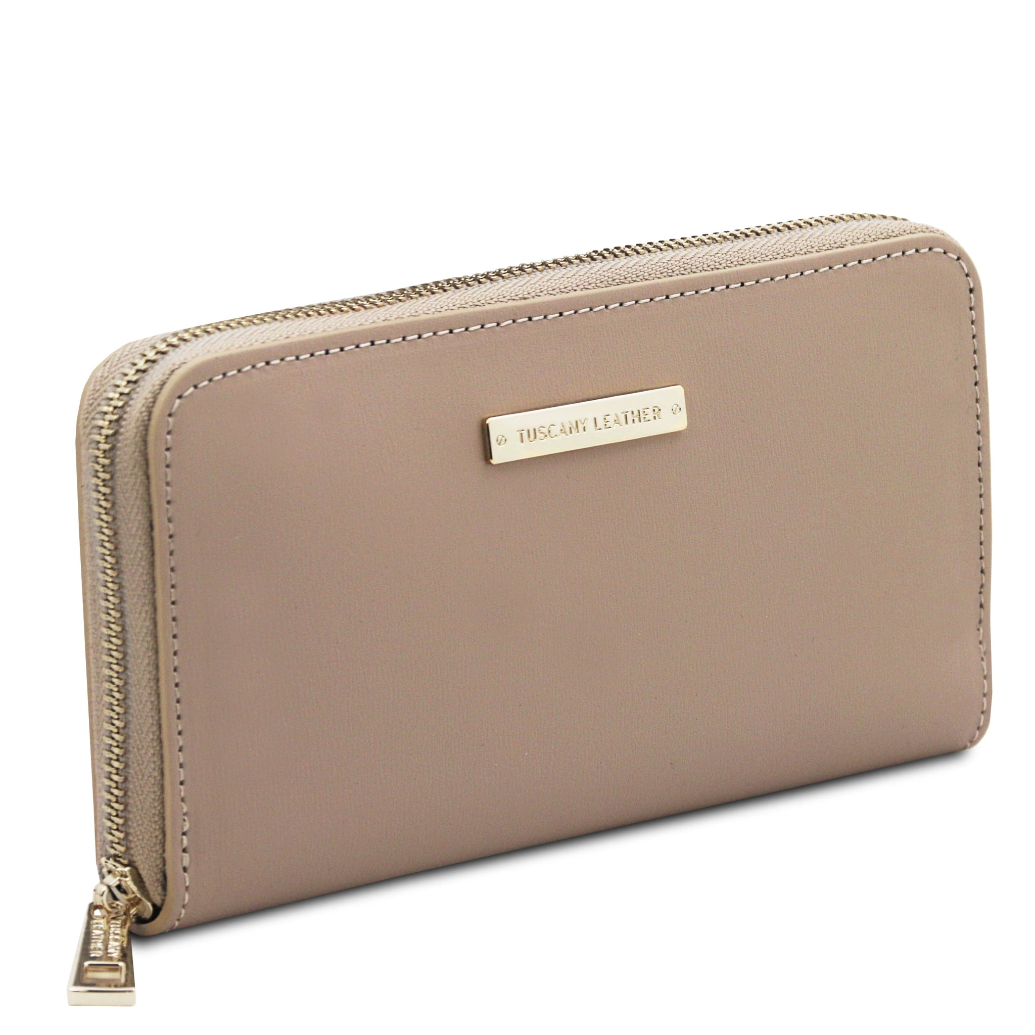 Front side view Ilizia Exclusive three side Zip Around Leather Wallet in light taupe on white background