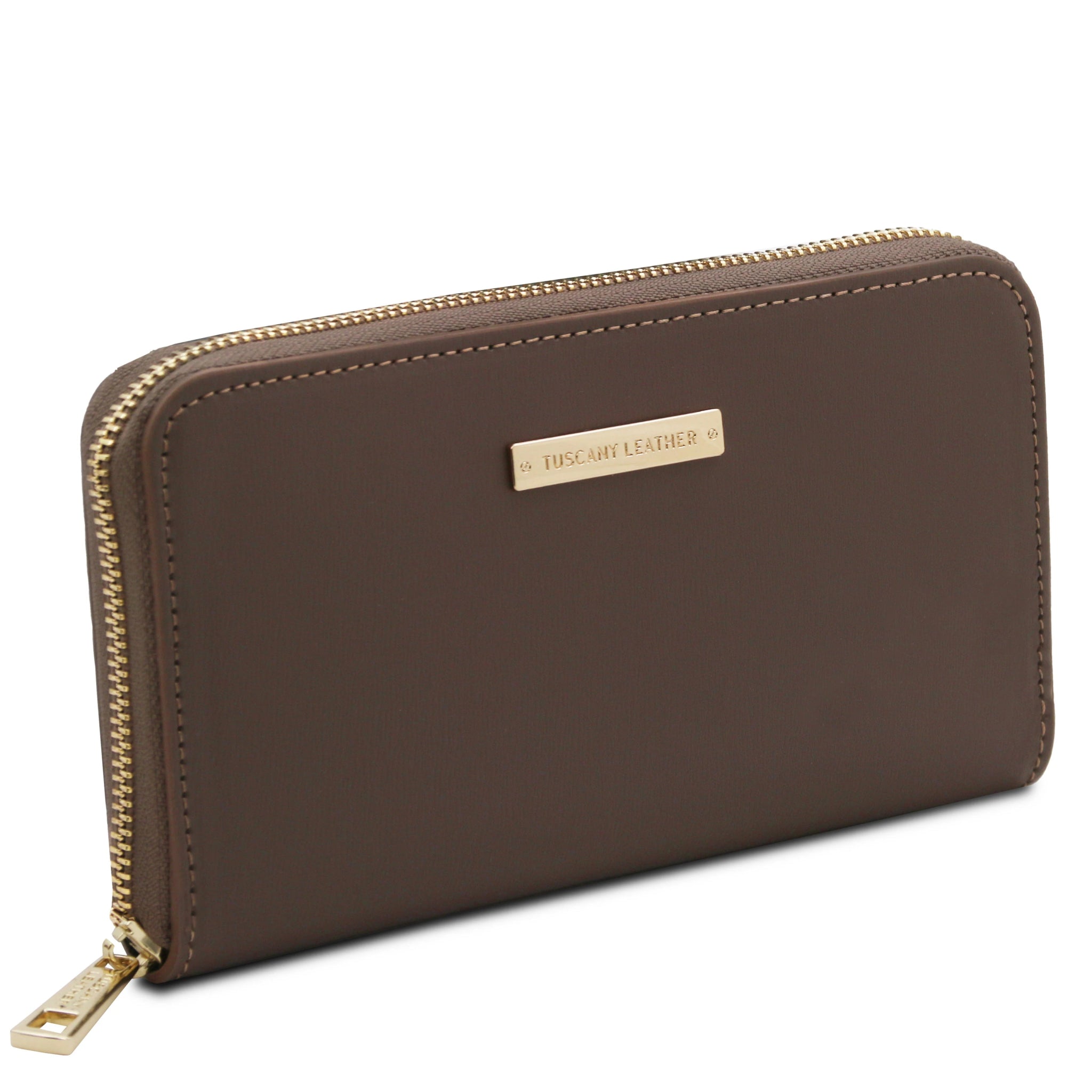 Front side view Ilizia Exclusive three side Zip Around Leather Wallet in dark taupe on white background