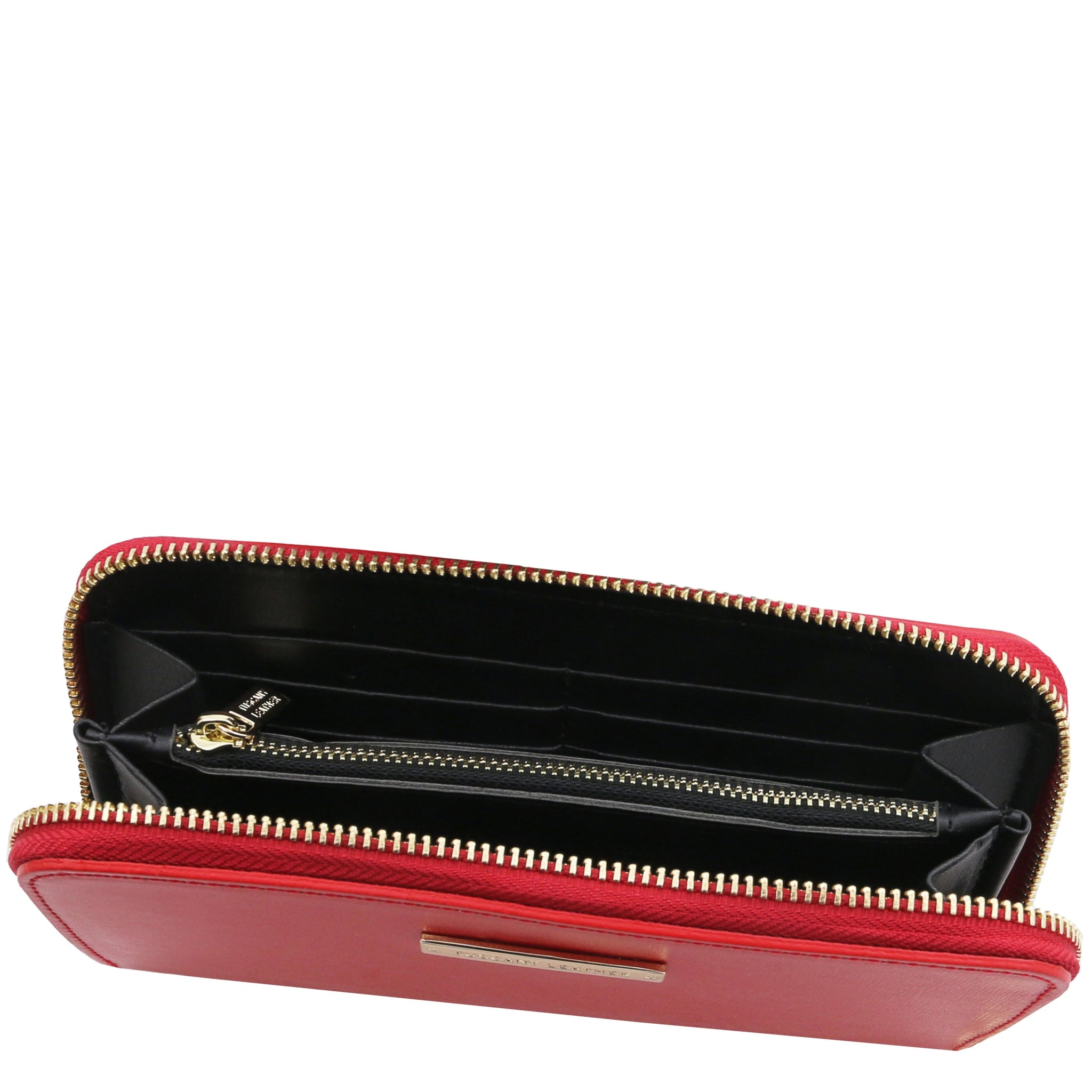 Top interior view Ilizia Exclusive three side Zip Around Leather Wallet in red showing coin zip pocket, card slots and black interior