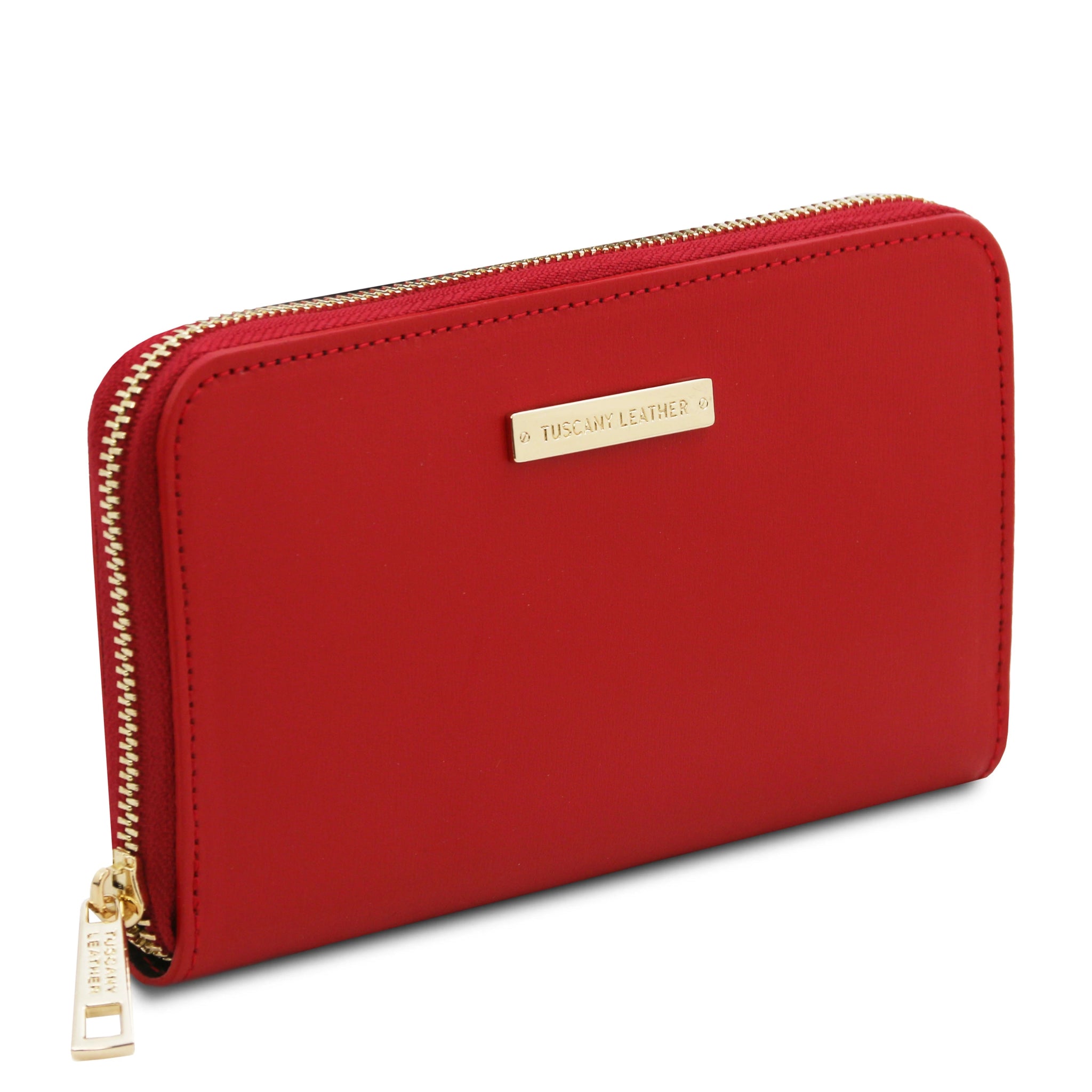 Front side view Ilizia Exclusive three side Zip Around Leather Wallet in red on white background