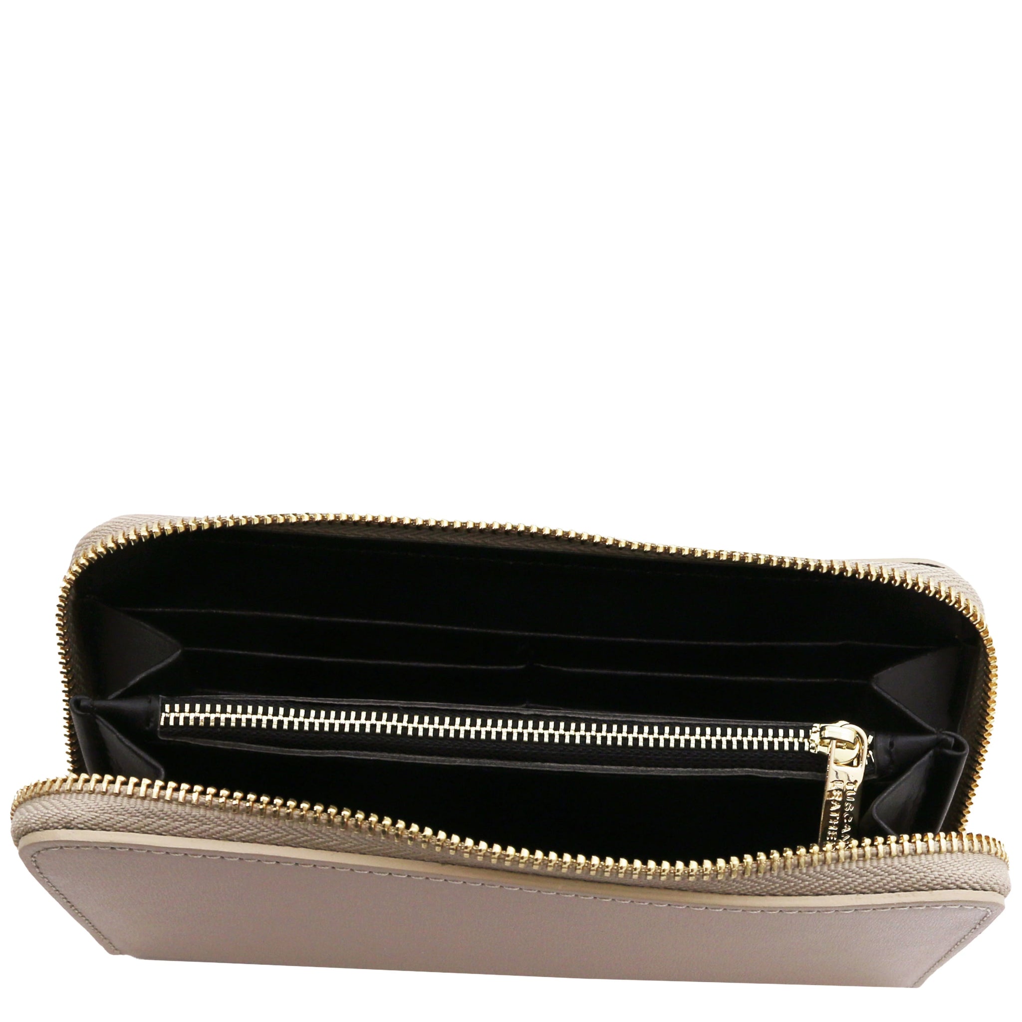 Top interior view Ilizia Exclusive three side Zip Around Leather Wallet in light taupe showing coin zip pocket and card slots