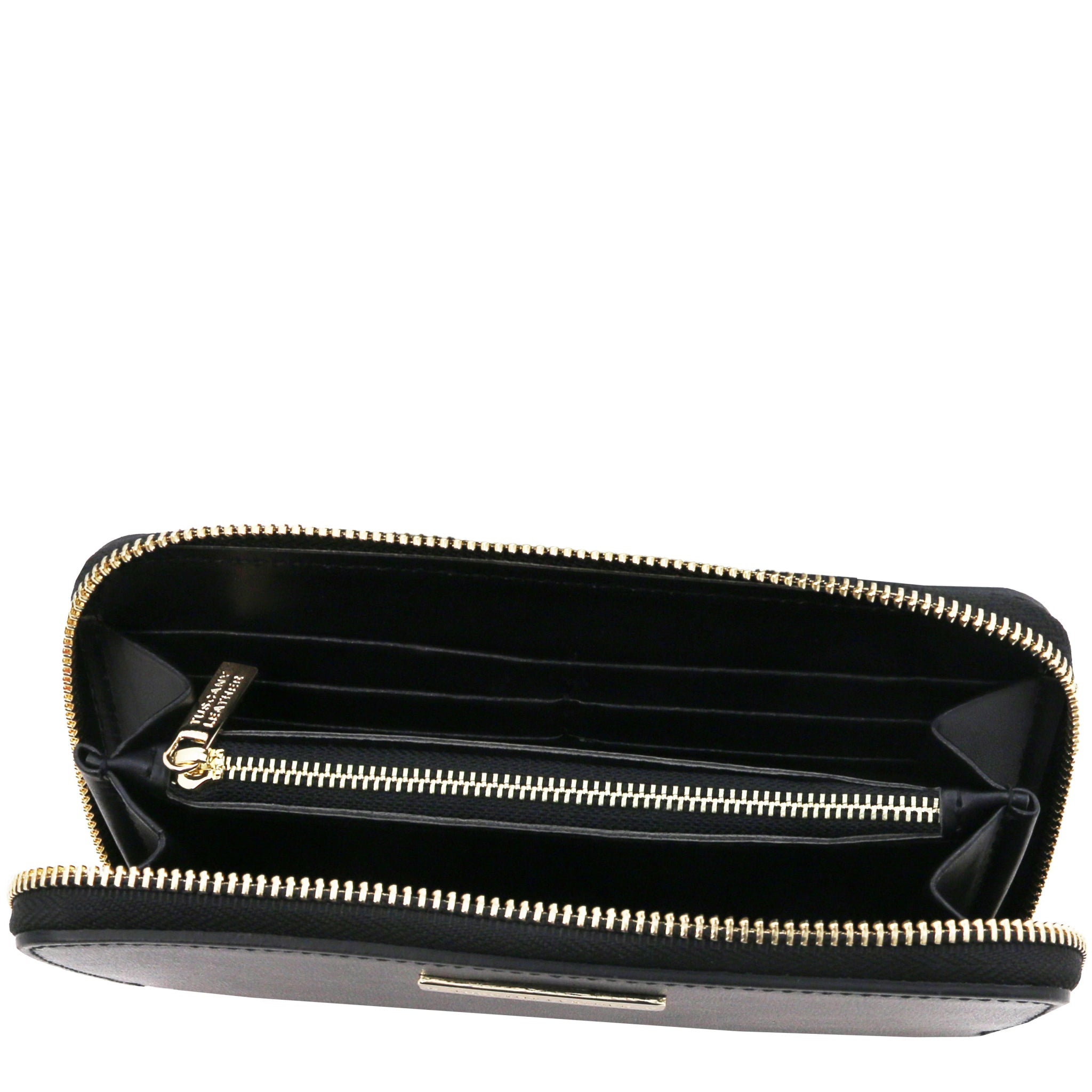 Top interior view Ilizia Exclusive three side Zip Around Leather Wallet in black showing coin zip pocket, card slots and currency open compartment and black interior