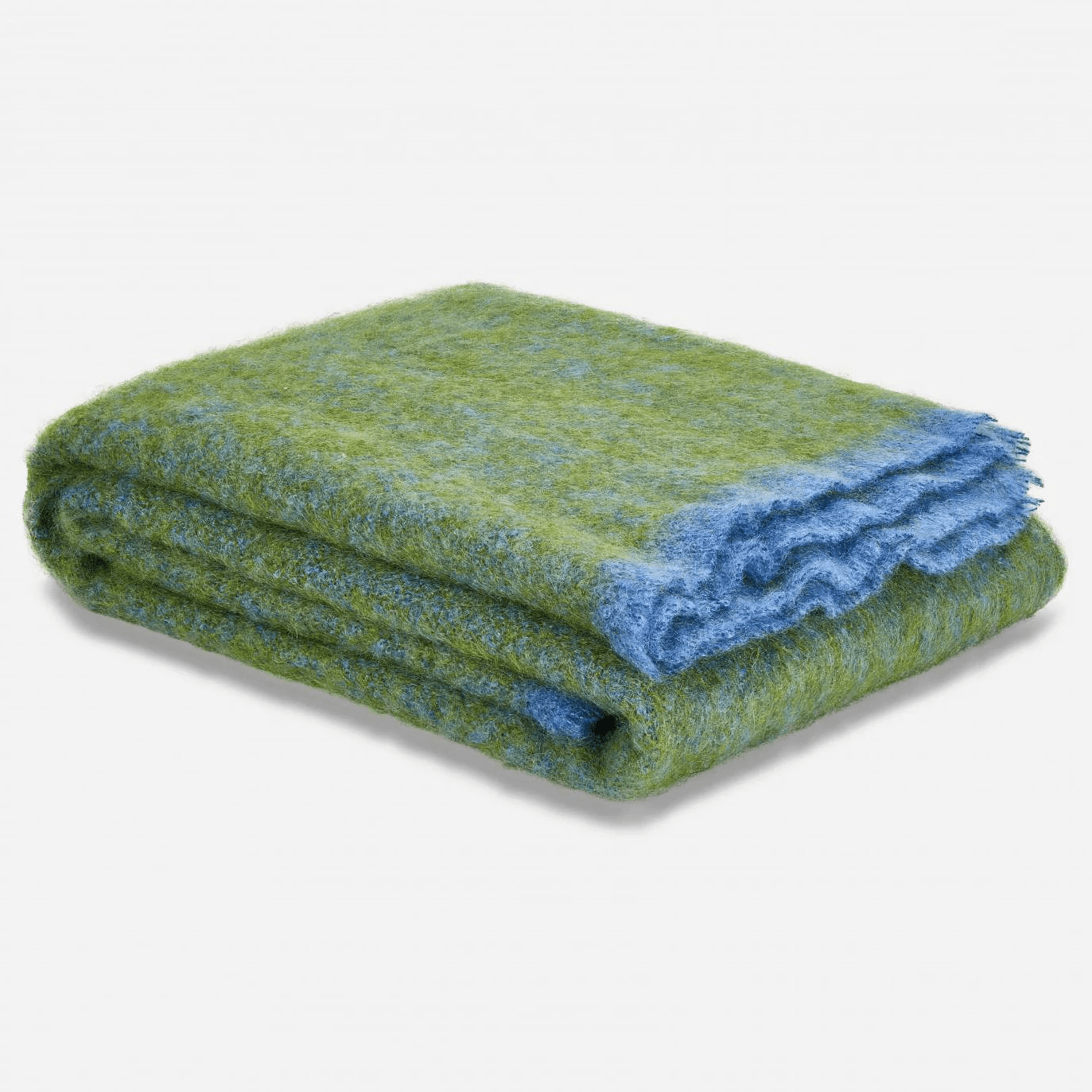 Irish Kilkenny Rowan Melange with blue trim Handloomed Plush Mohair Throw folded on a white background - L'Atelier Global