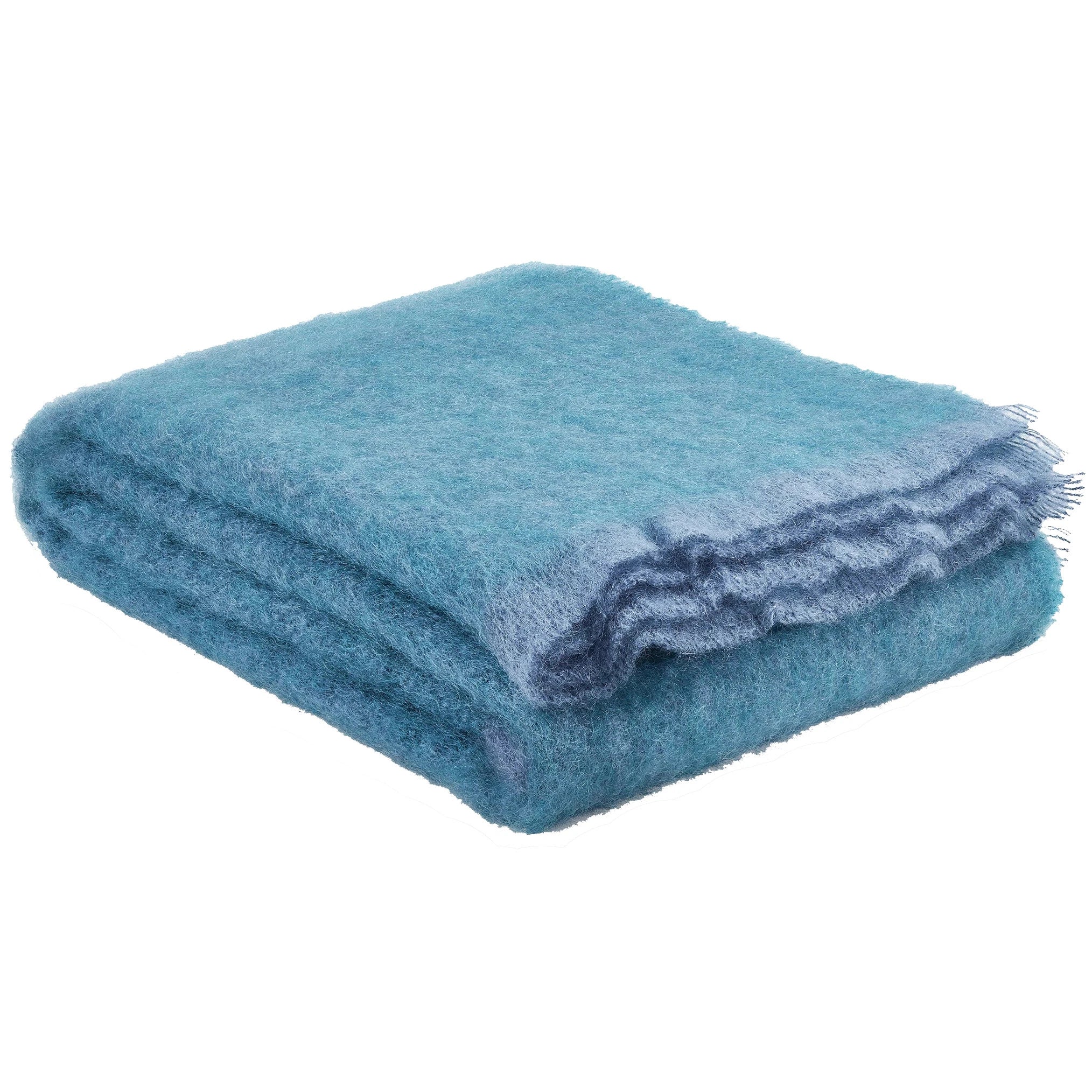 Irish Kilkenny Vibrant Blue Melange with blue trim, Hand-loomed Plush Mohair Throw folded in a square on a white background- L'Atelier Global