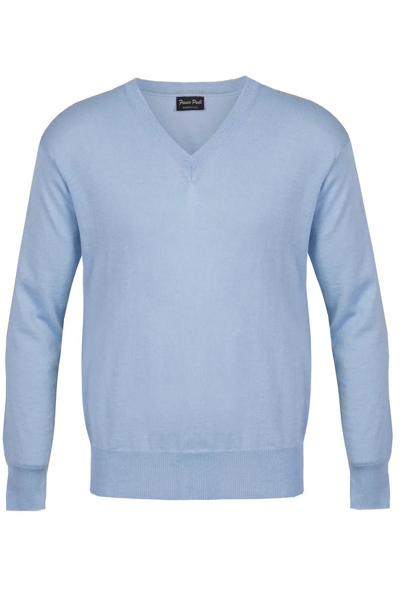 Front view Italian Extra Fine Merino Wool V-Neck in light blue