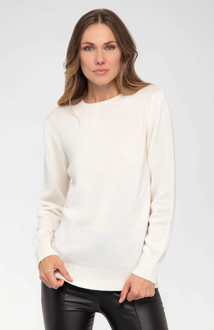 Front view of Italian Fine Cashmere Crewneck in white on model wearing black leather pants - L'Atelier Global
