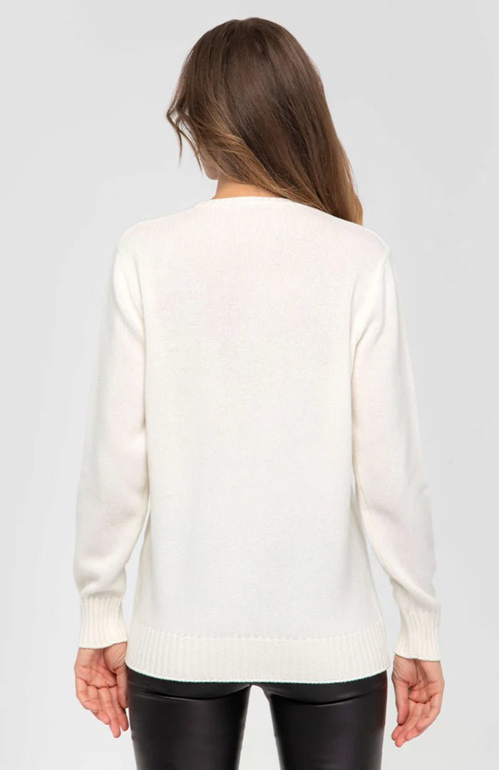 Back view of Italian Fine Cashmere Crewneck in white on model wearing black leather pants - L'Atelier Global