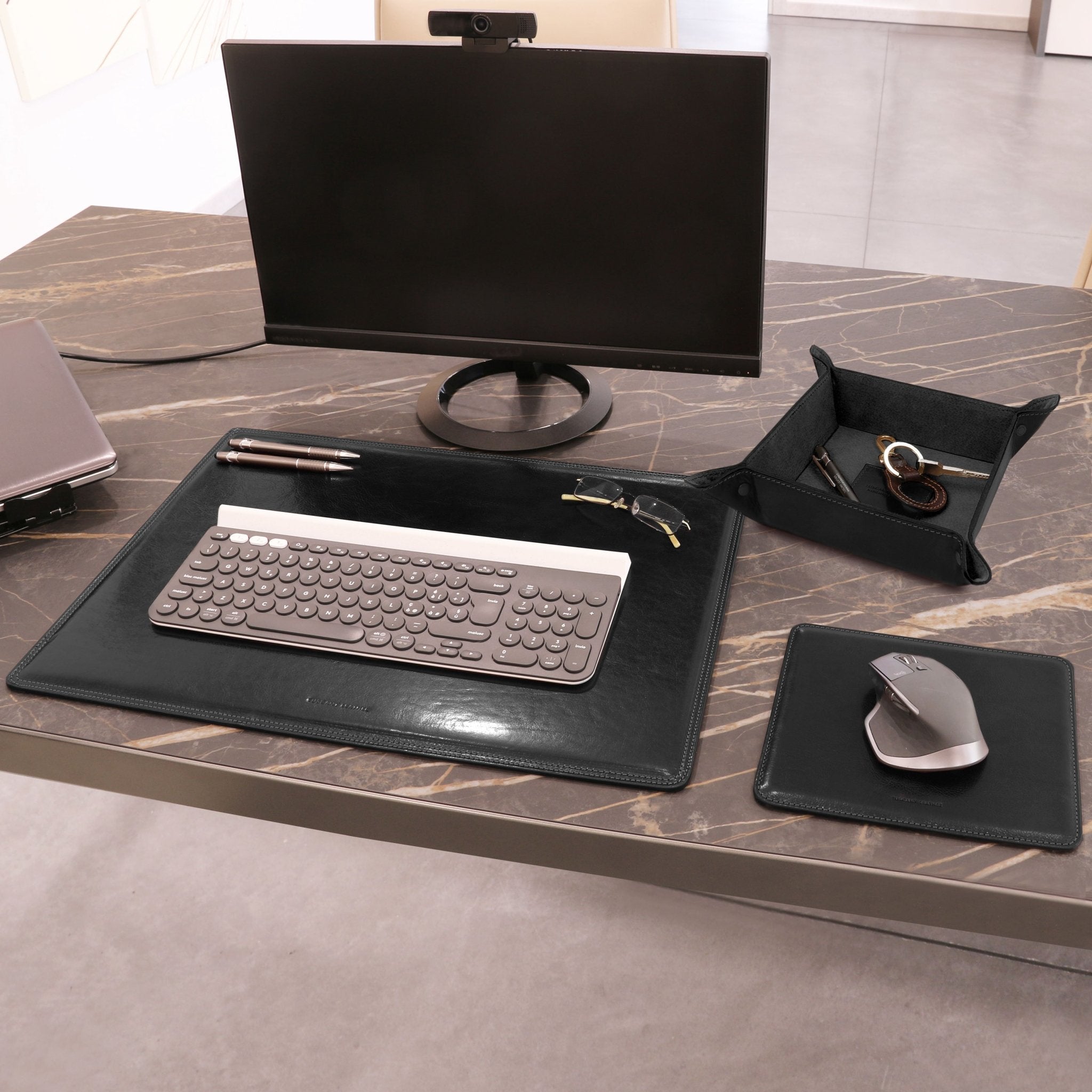 Office desk view of the Italian Leather Desk Pad, Mouse Pad and Valet Tray set in black - L'Atelier Global