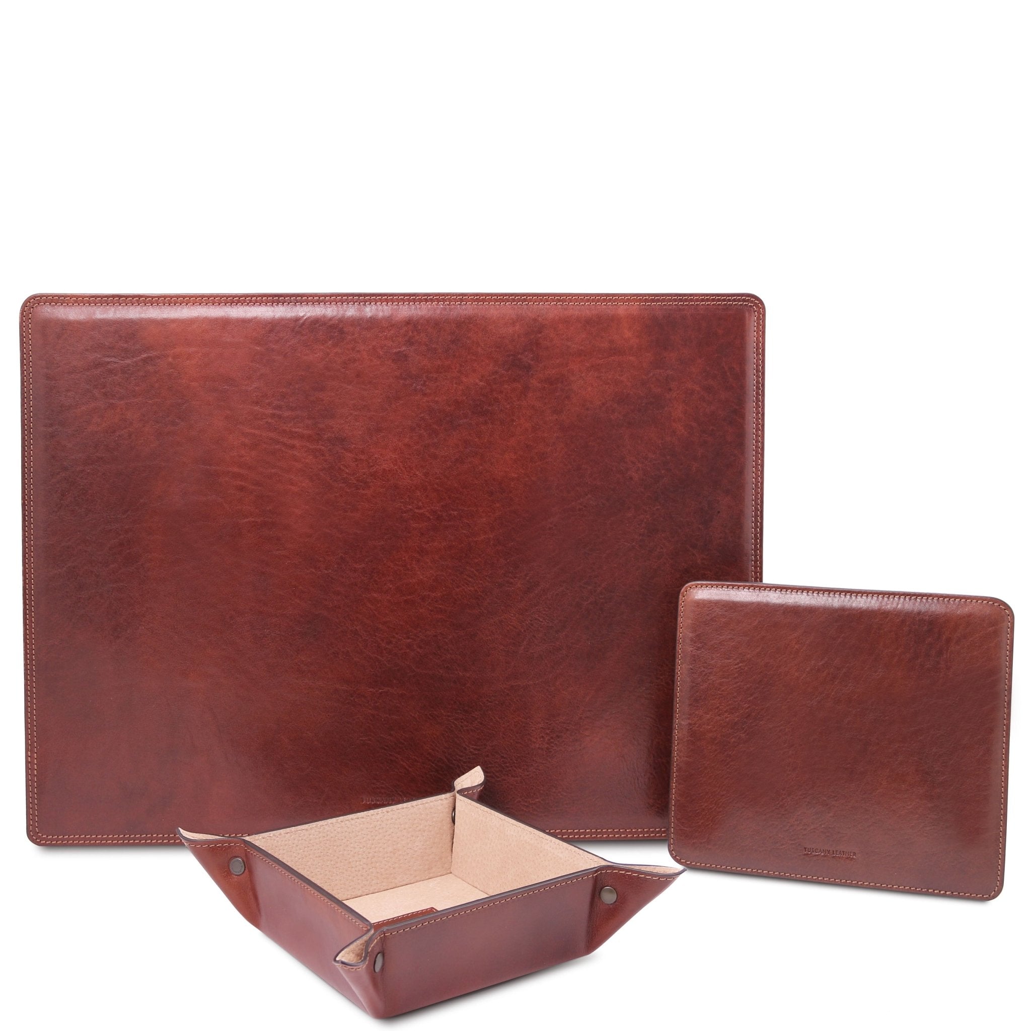 Italian Leather Desk Pad, Mouse Pad and Valet Tray in brown on a white background - L'Atelier Global- L'Atelier Global