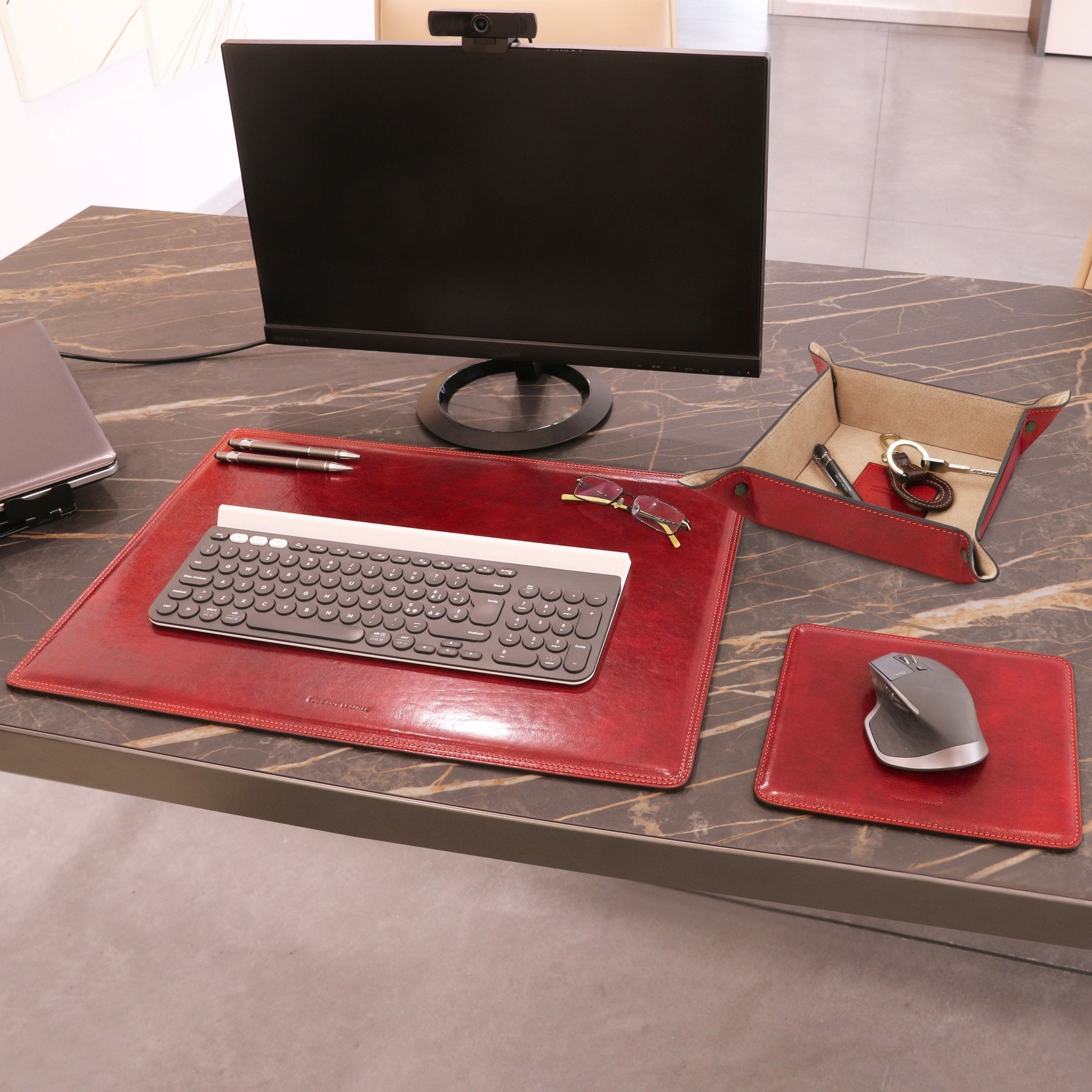 Office desk view of the Italian Leather Desk Pad, Mouse Pad and Valet Tray set in red - L'Atelier Global