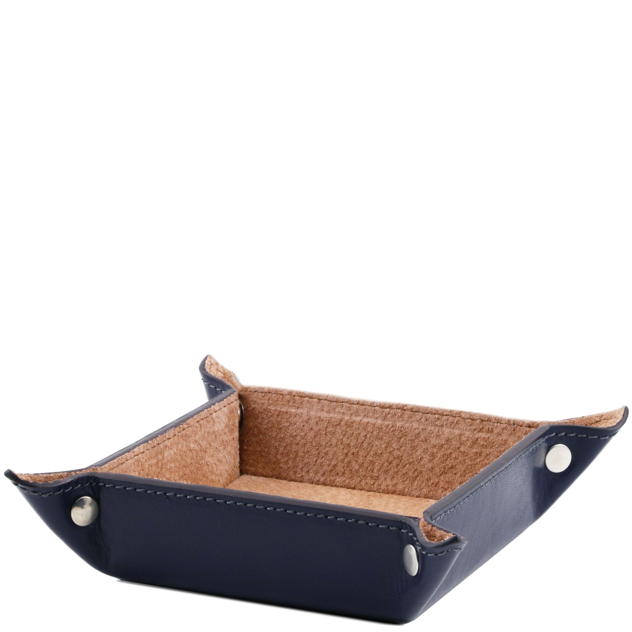 Exterior view of the Italian Leather Valet Tray in dark blue on a white background - L'Atelier Global
