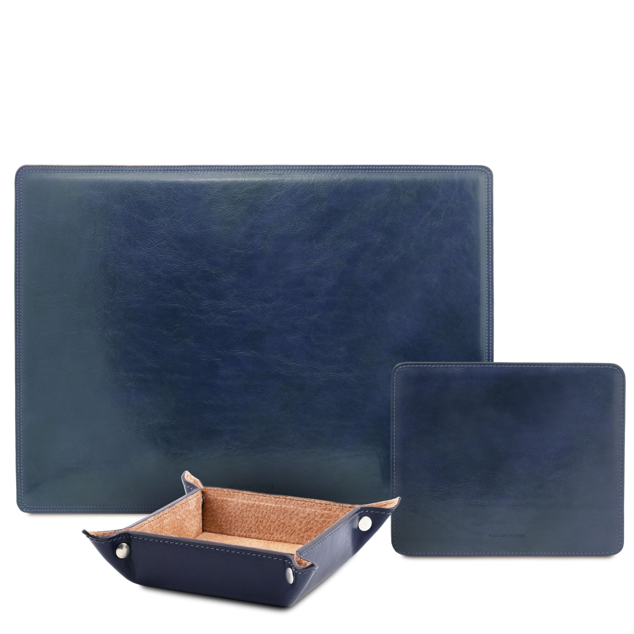 Italian Leather Desk Pad, Mouse Pad and Valet Tray in dark blueon a white background - L'Atelier Global- L'Atelier Global