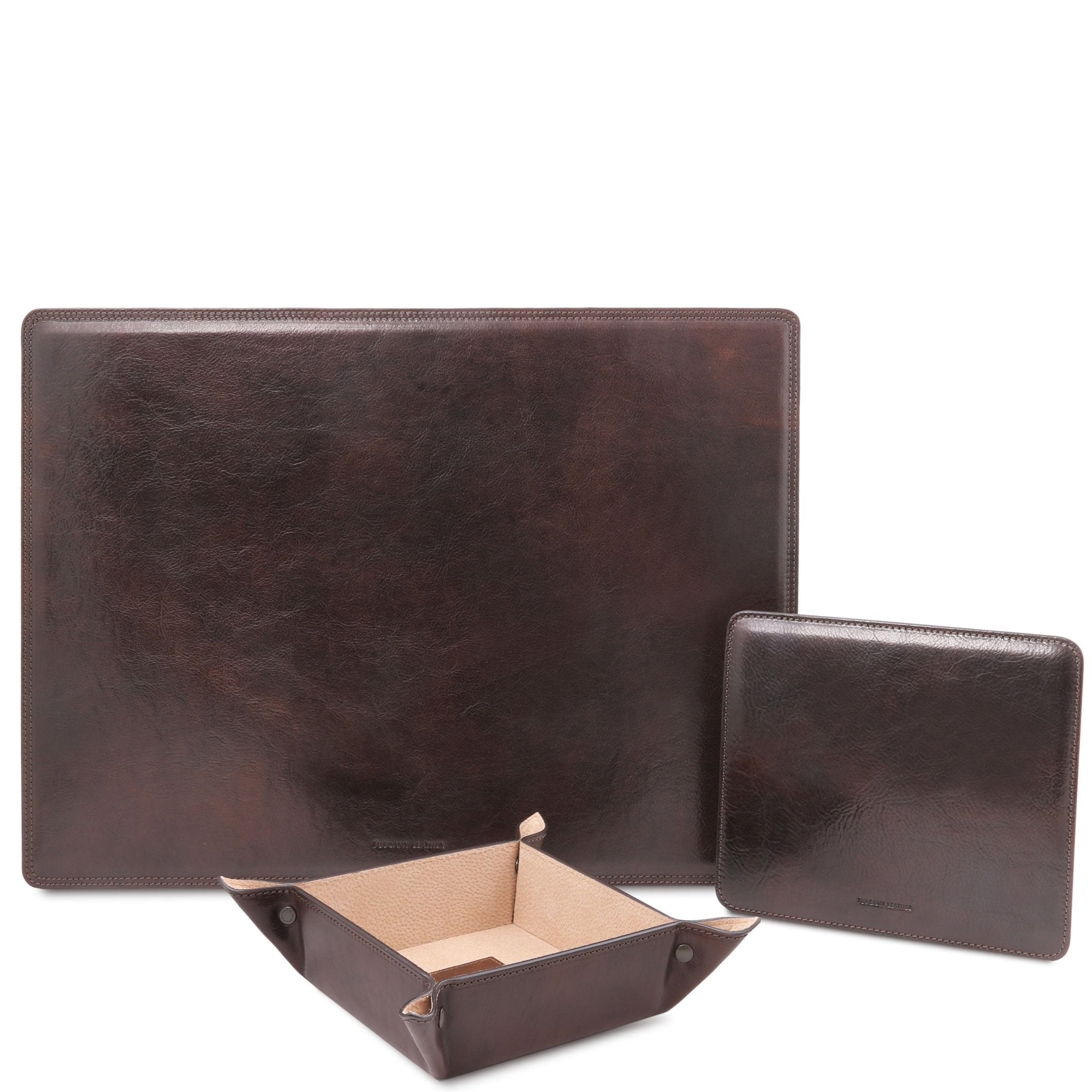 Italian Leather Desk Pad, Mouse Pad and Valet Tray in dark brown on a white background - L'Atelier Global- L'Atelier Global