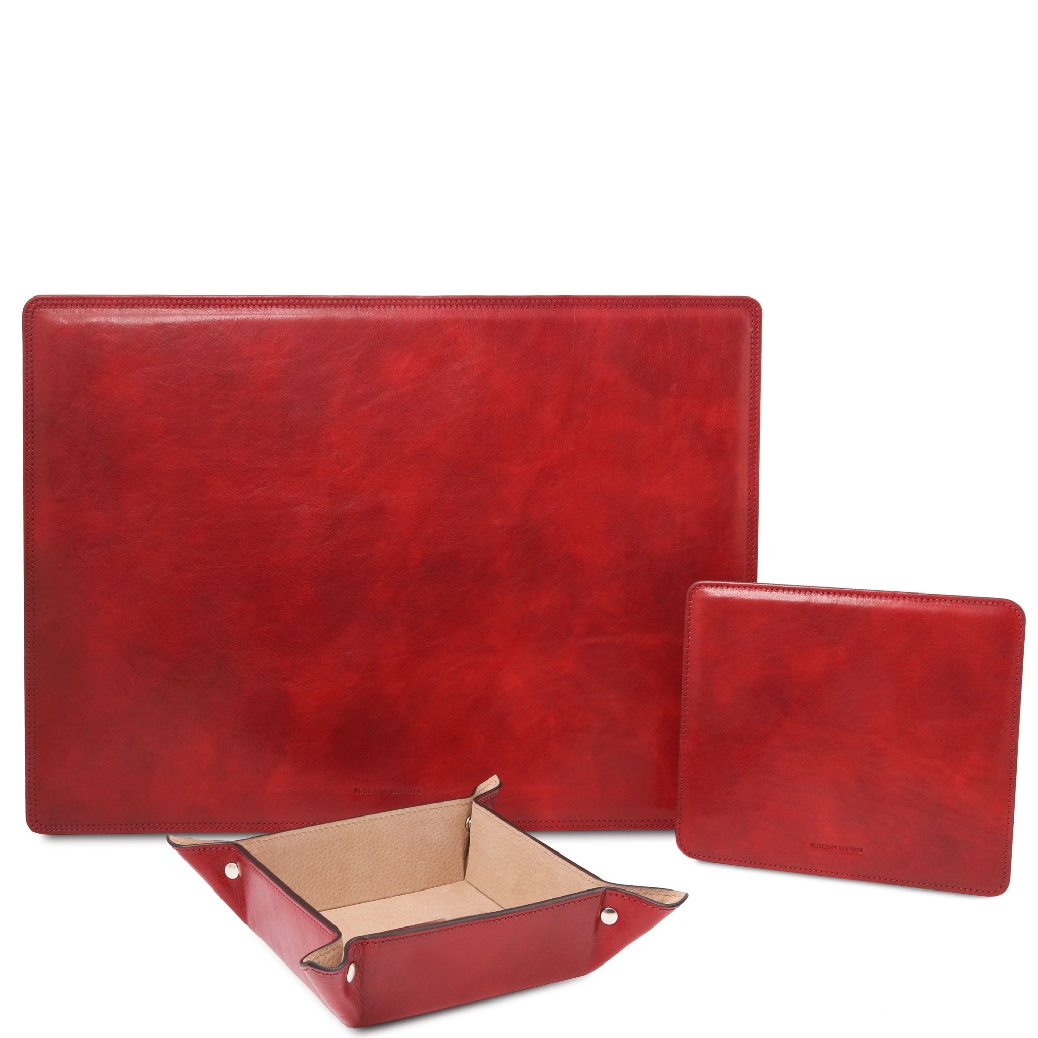 Italian Leather Desk Pad, Mouse Pad and Valet Tray in red on a white background - L'Atelier Global- L'Atelier Global