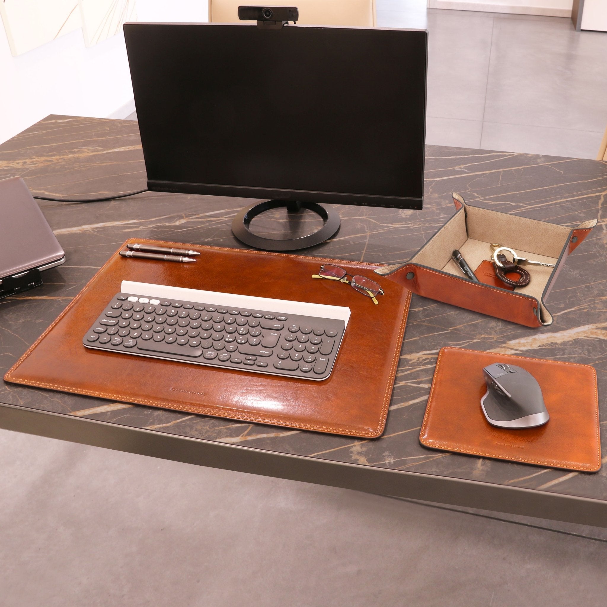 Office desk view of the Italian Leather Desk Pad, Mouse Pad and Valet Tray set in honey - L'Atelier Global