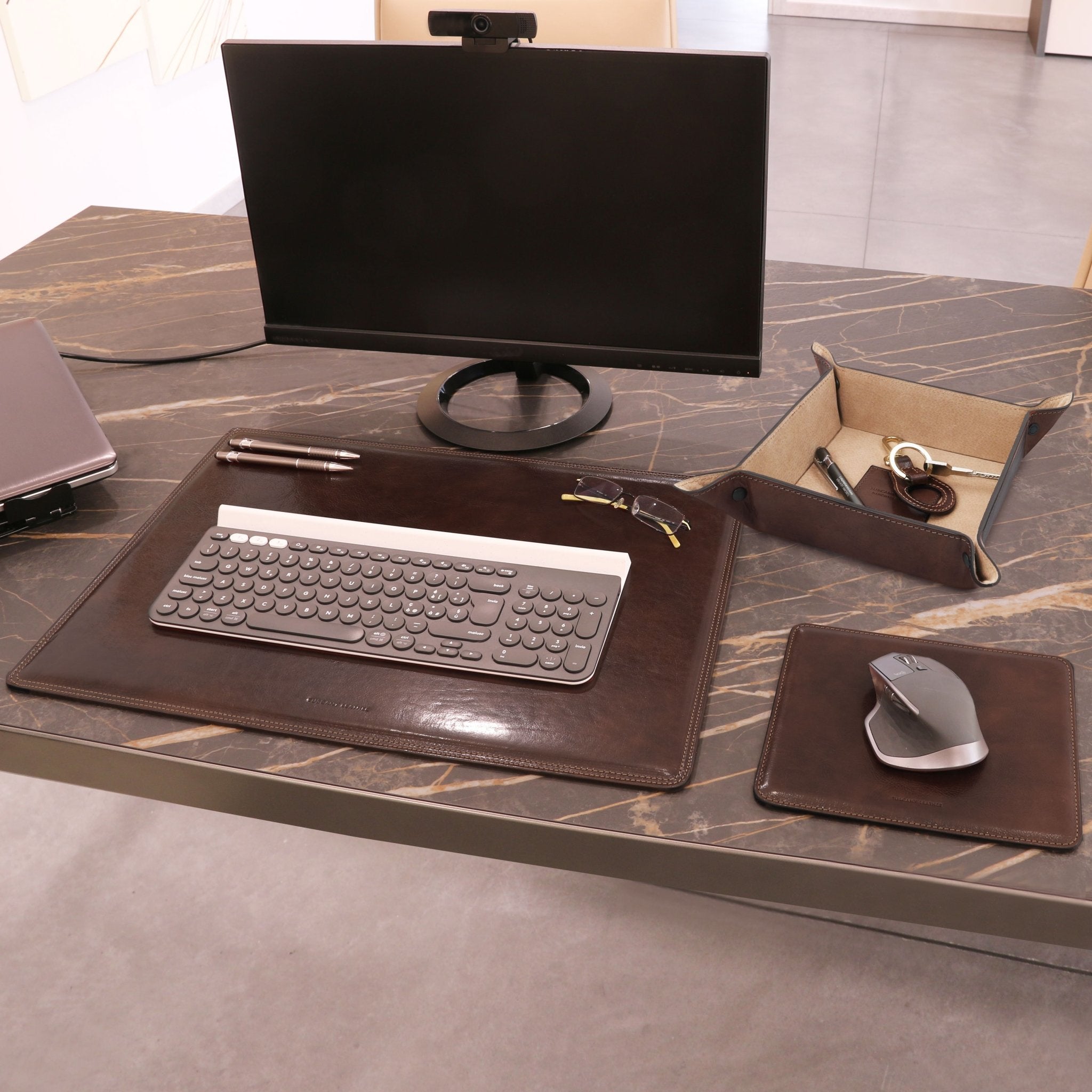Office desk view of the Italian Leather Desk Pad, Mouse Pad and Valet Tray set in dark brown - L'Atelier Global