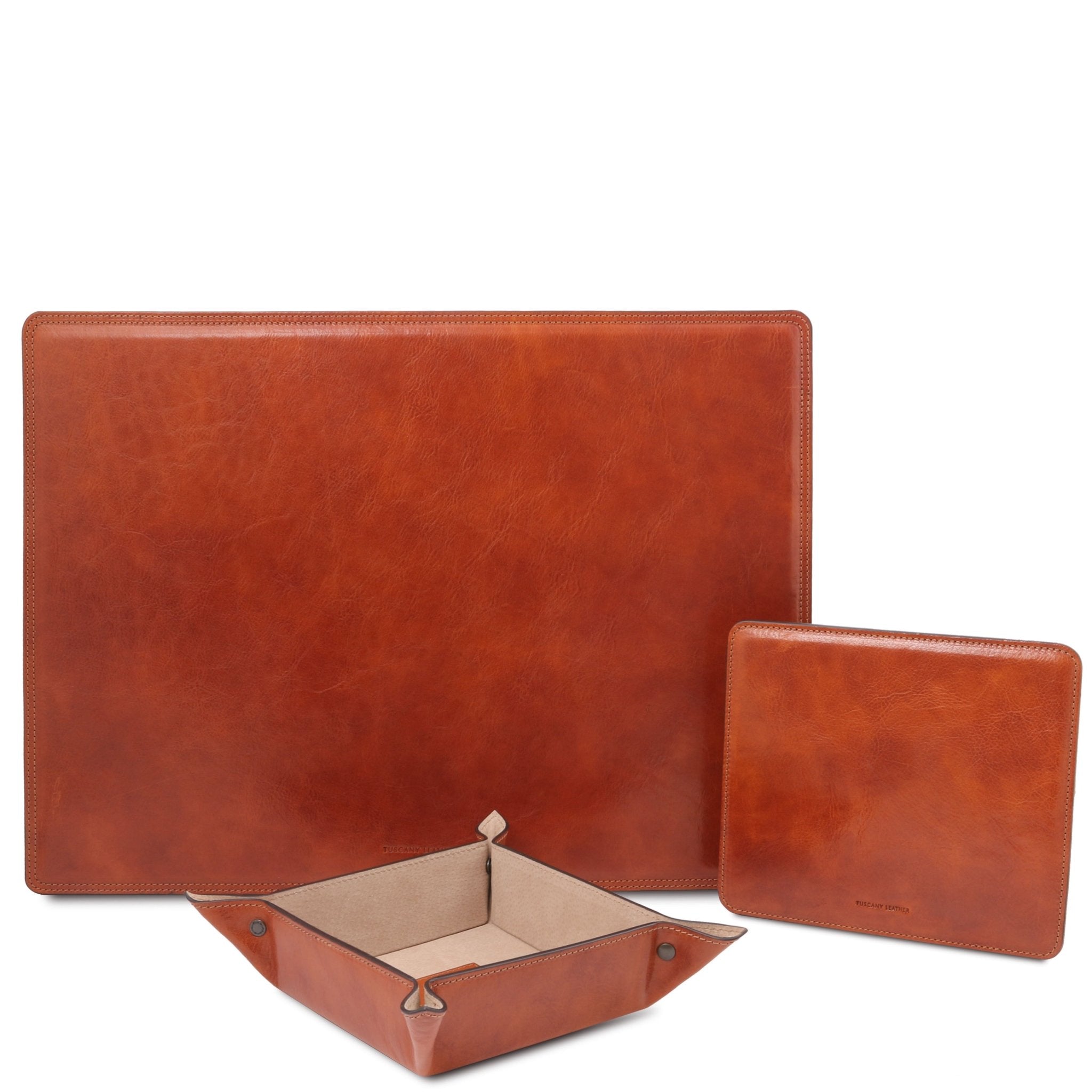 Italian Leather Desk Pad, Mouse Pad and Valet Tray in honey on a white background - L'Atelier Global- L'Atelier Global