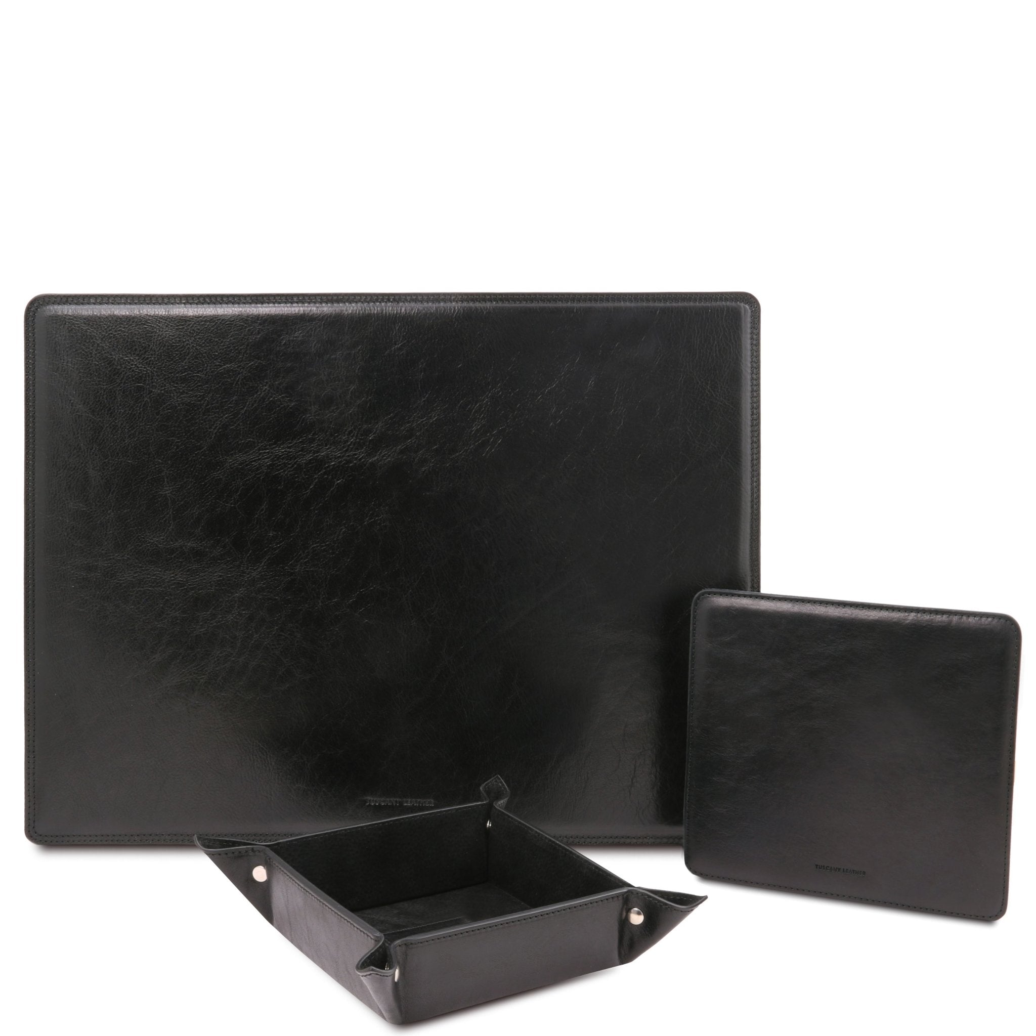 Italian Leather Desk Pad, Mouse Pad and Valet Tray in black on a white background - L'Atelier Global- L'Atelier Global