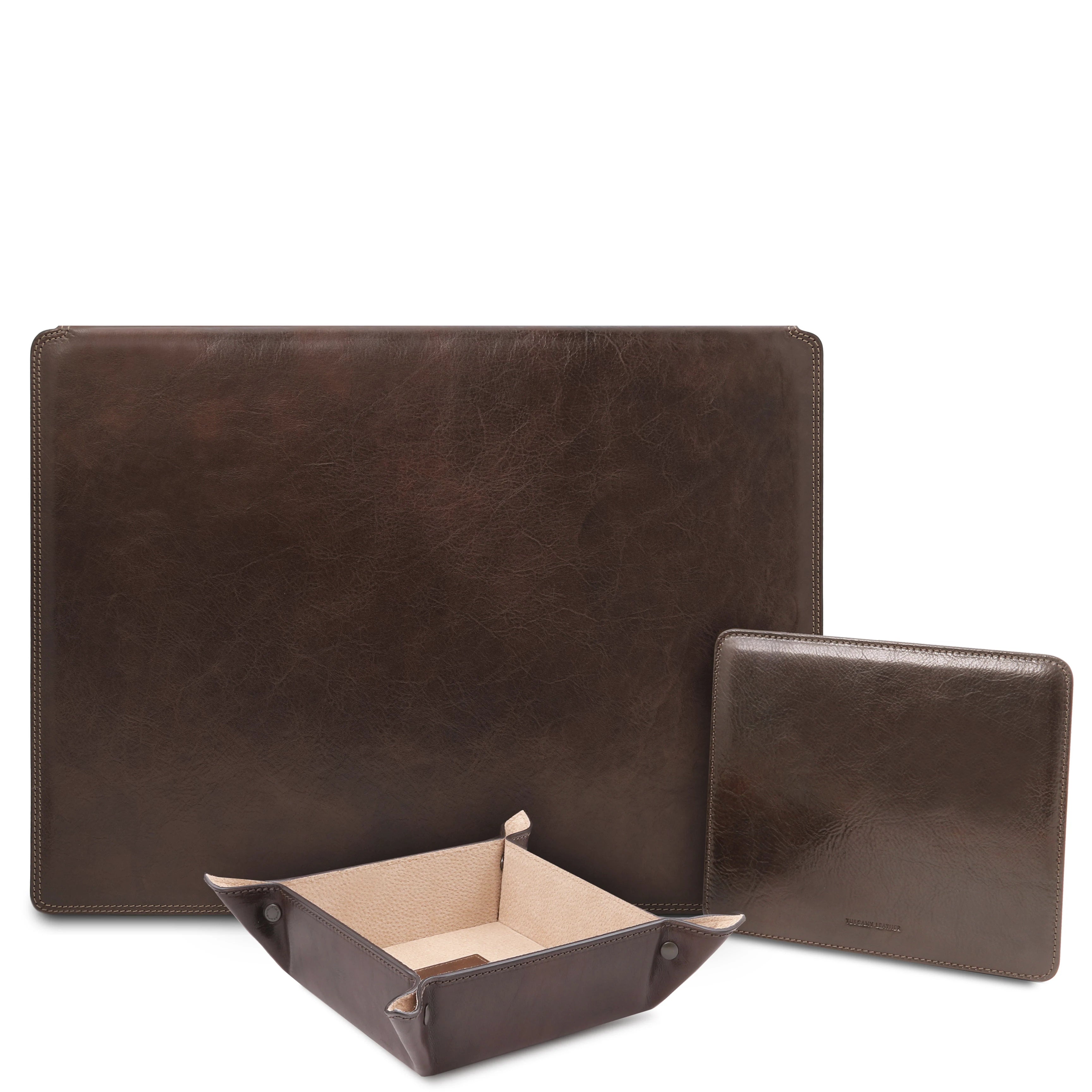Italian Leather Premium Desk pad With Inner Compartment, Mouse pad and Valet Tray in Dark Brown - L'Atelier Global