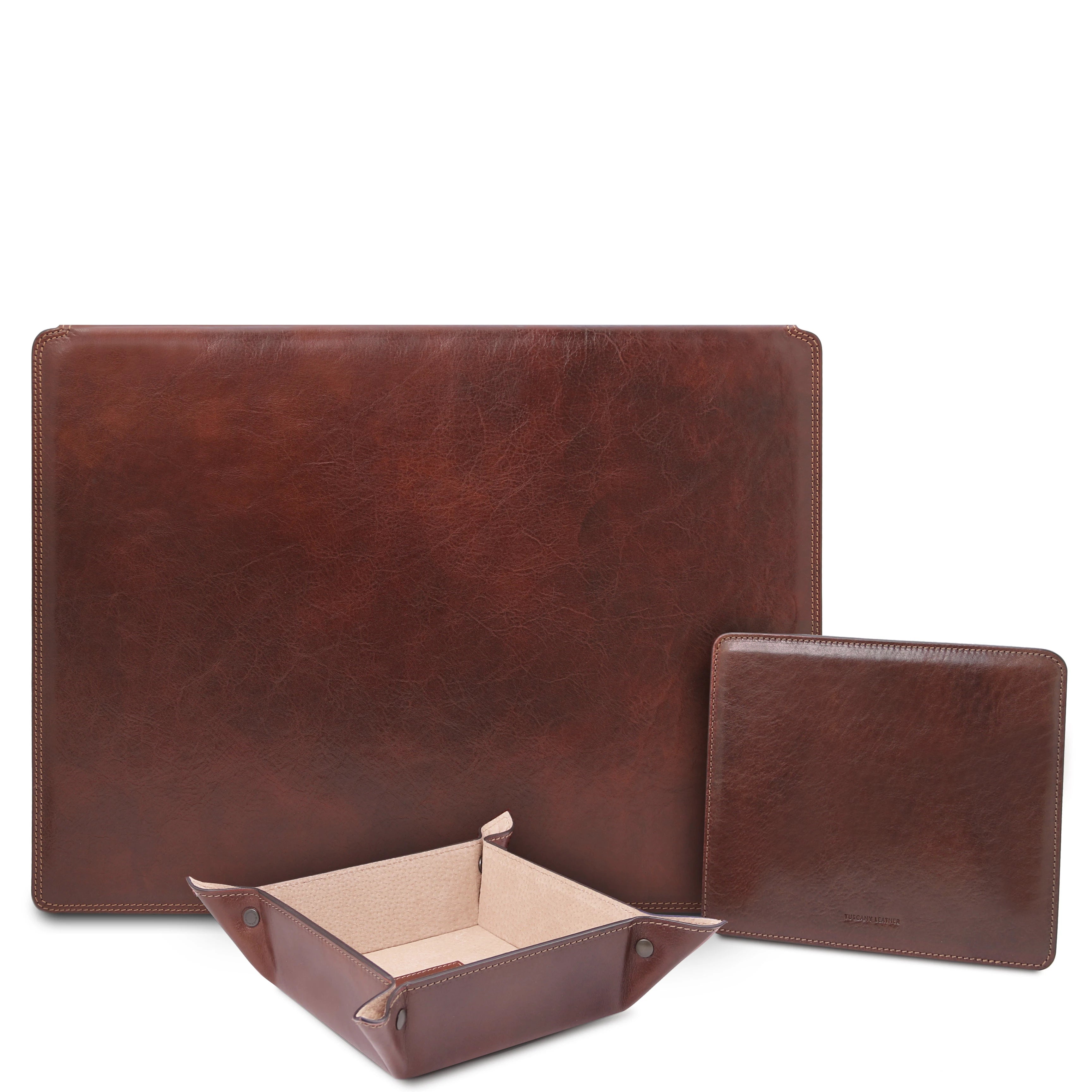 Italian Leather Premium Desk pad With Inner Compartment, Mouse pad and Valet Tray in Brown - L'Atelier Global