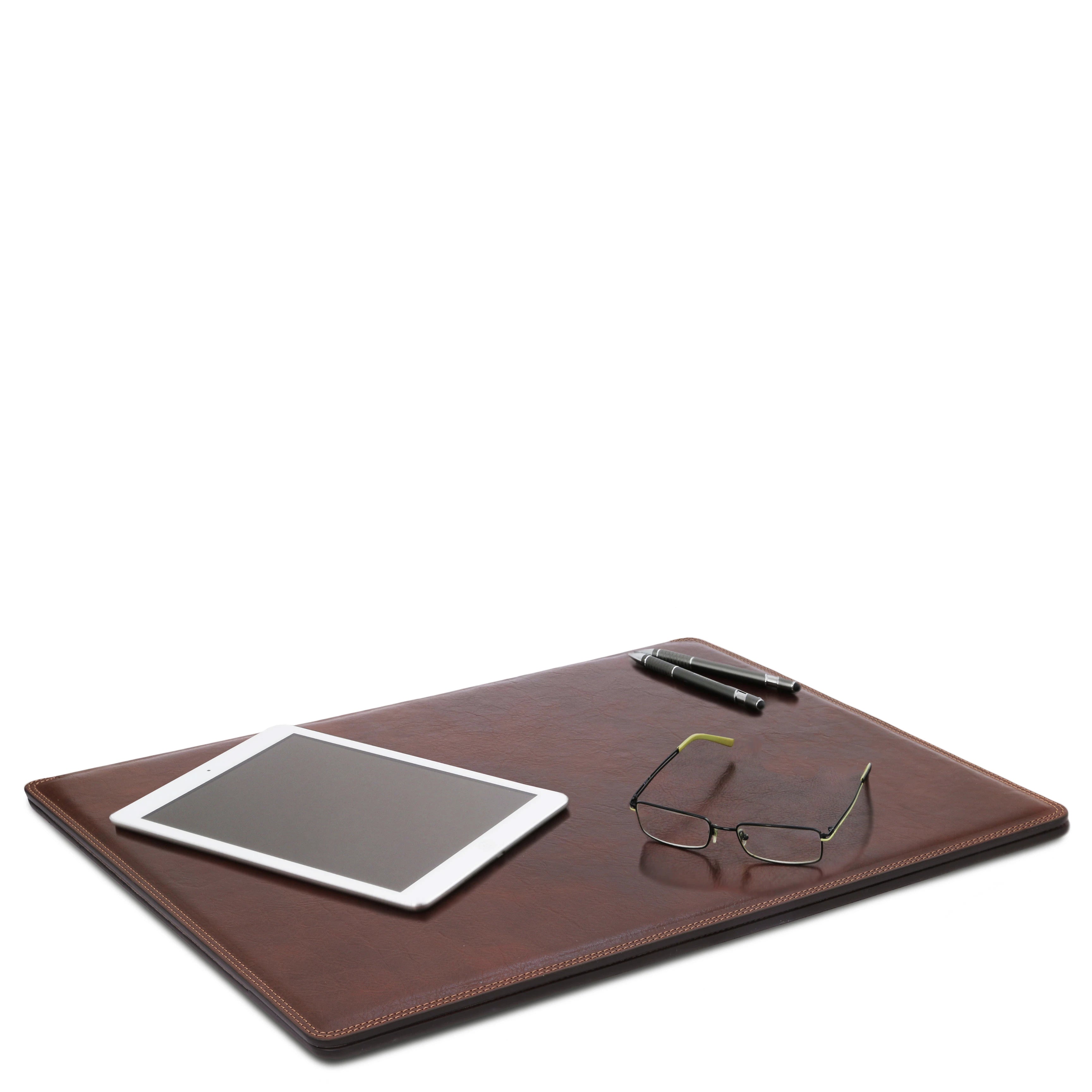 Italian Leather Premium Desk pad With Inner Compartment angled in Brown with IPAD, glasses and pens - L'Atelier Global