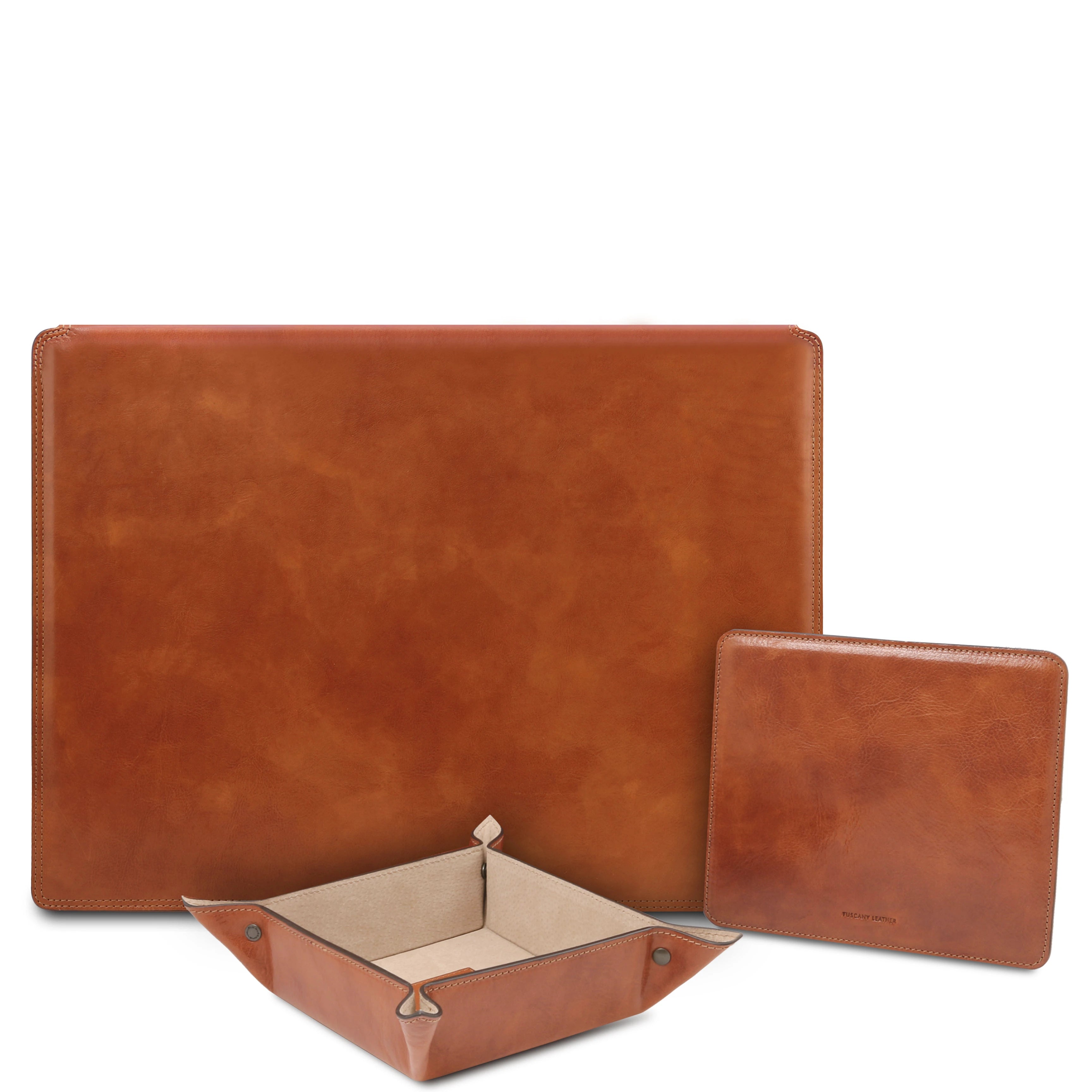 Italian Leather Premium Desk pad With Inner Compartment, Mouse pad and Valet Tray in Honey - L'Atelier Global