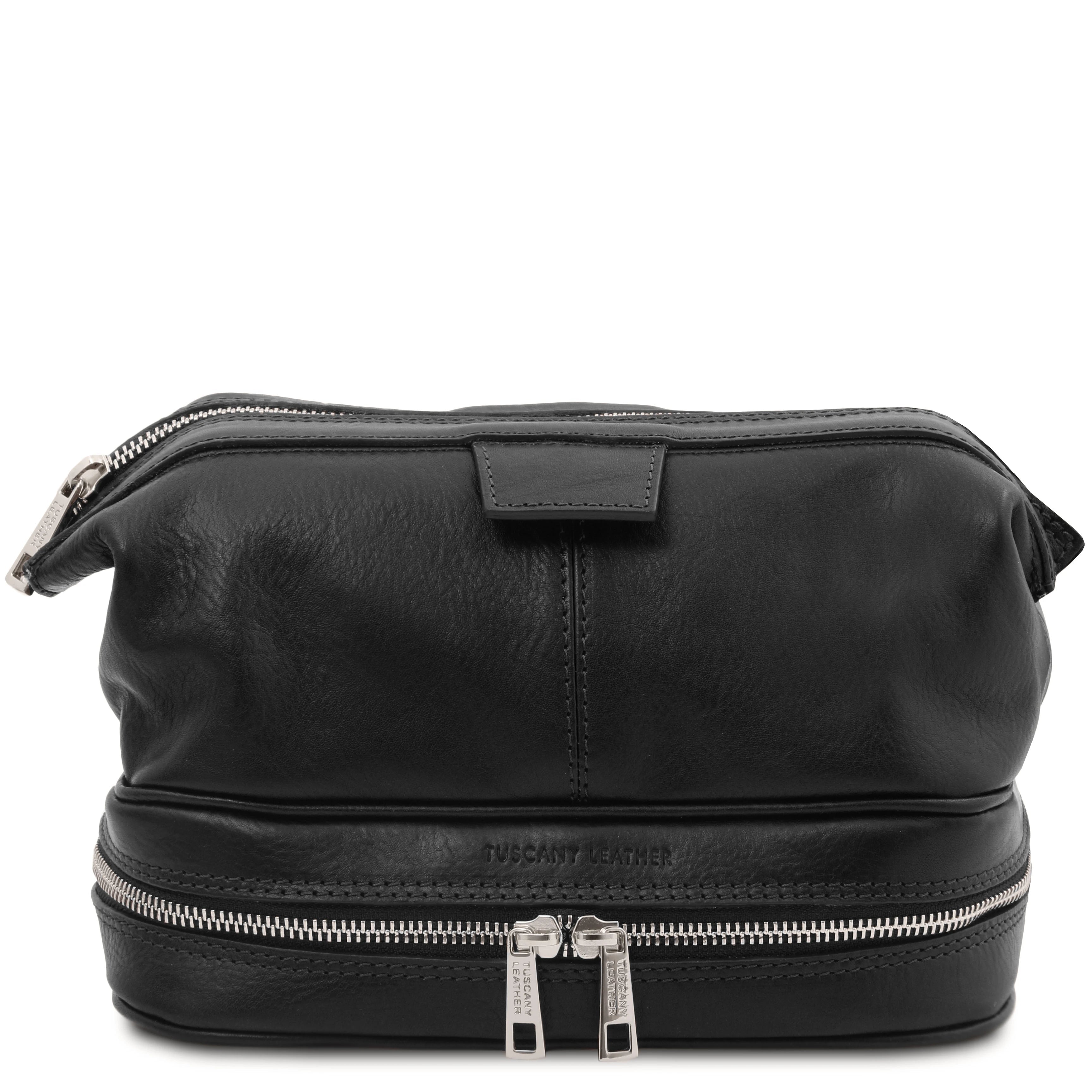Front view Jacob Leather Toilet Bag in black on a white background