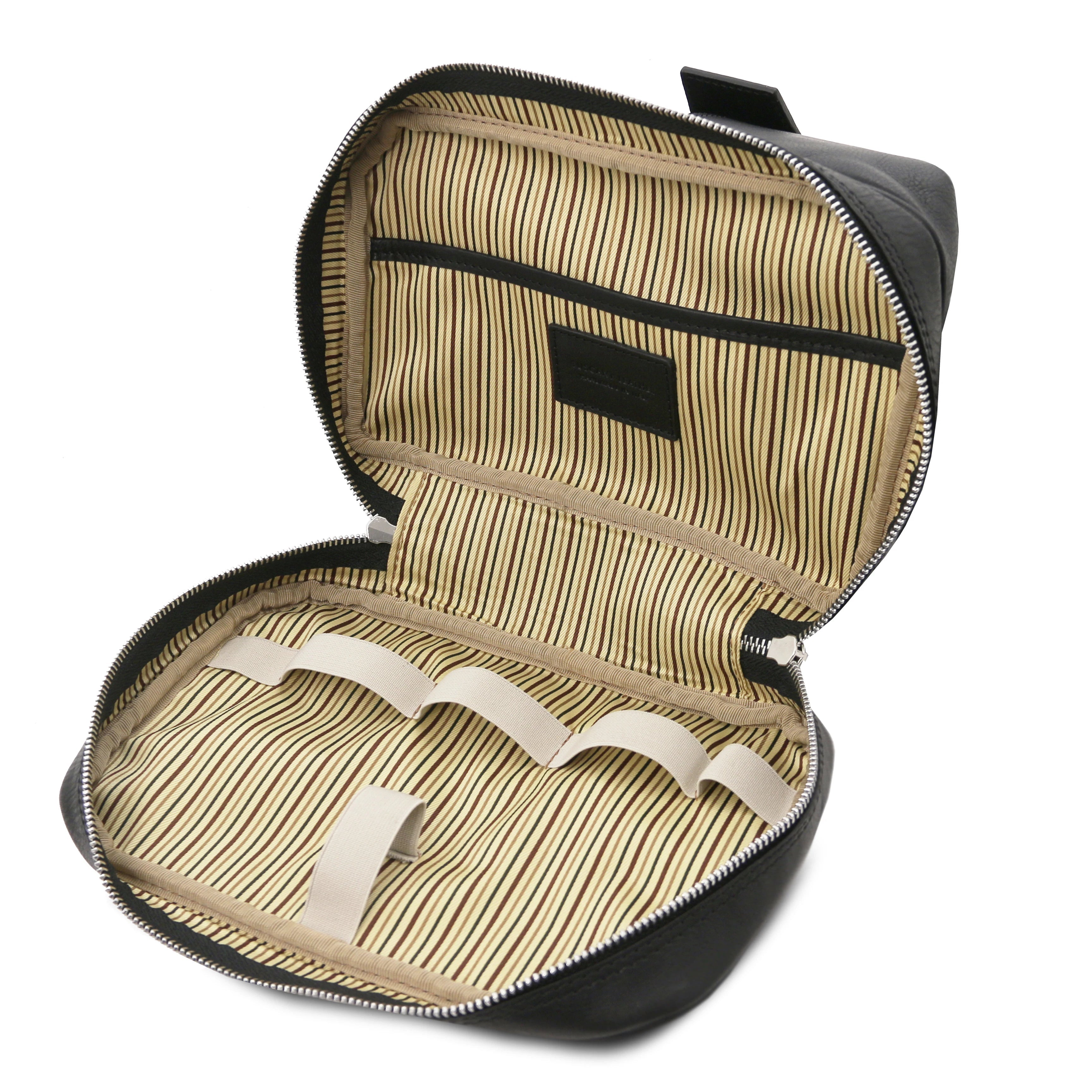 Fully opened Interior view showing vintage striped interior, Jacob Leather Toilet Bag in black