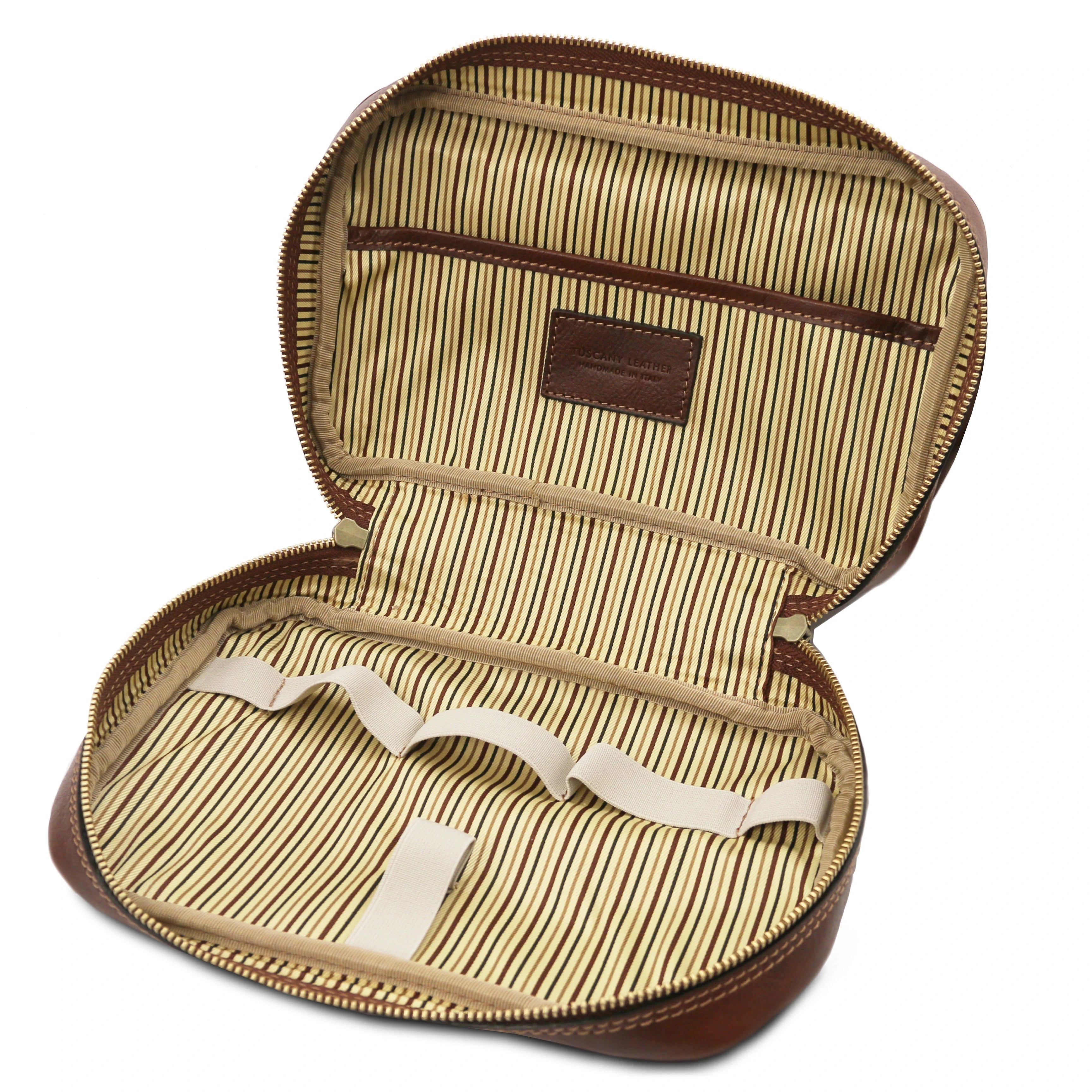 Fully opened Interior view showing vintage striped interior, Jacob Leather Toilet Bag in brown