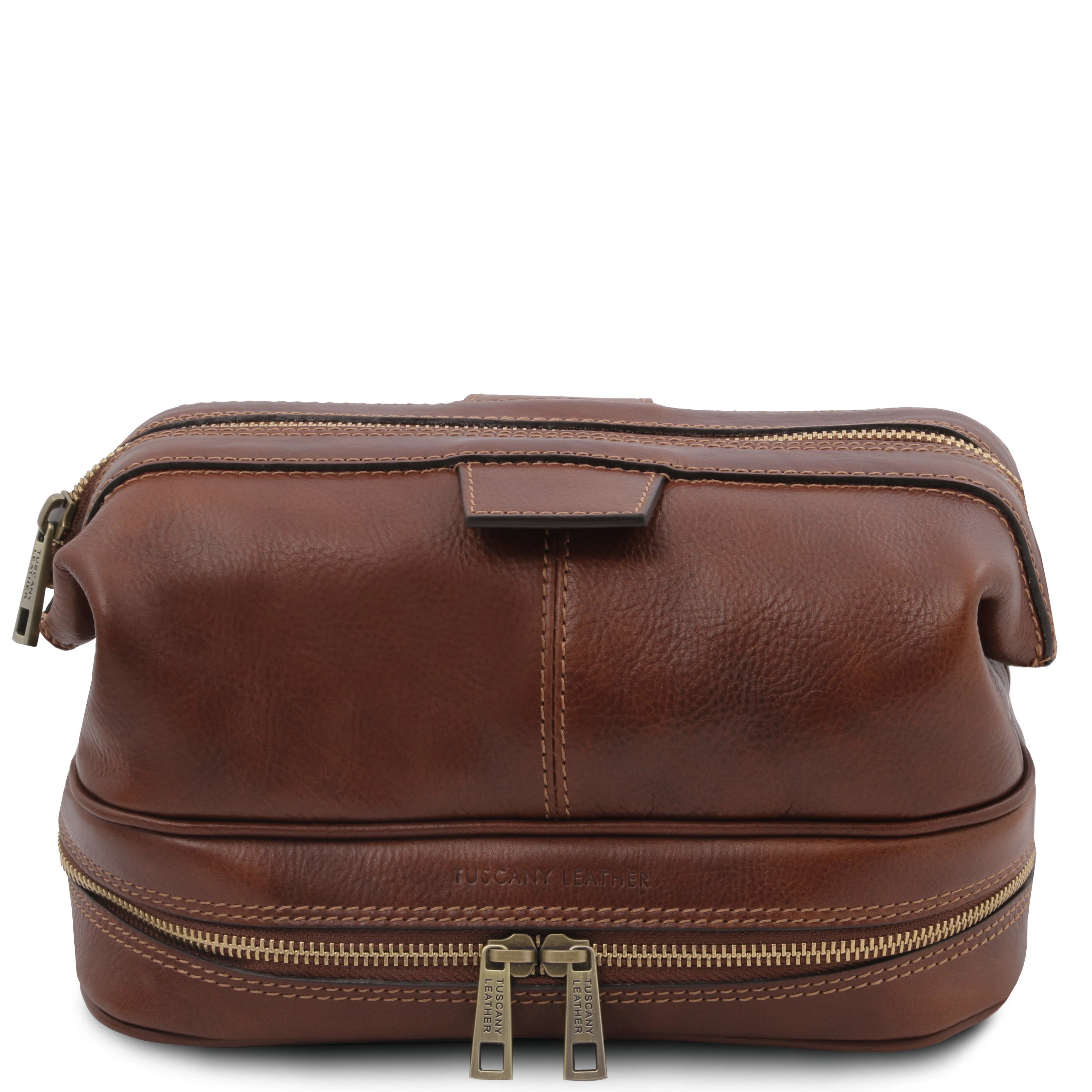 Front view Jacob Leather Toilet Bag in brown on a white background