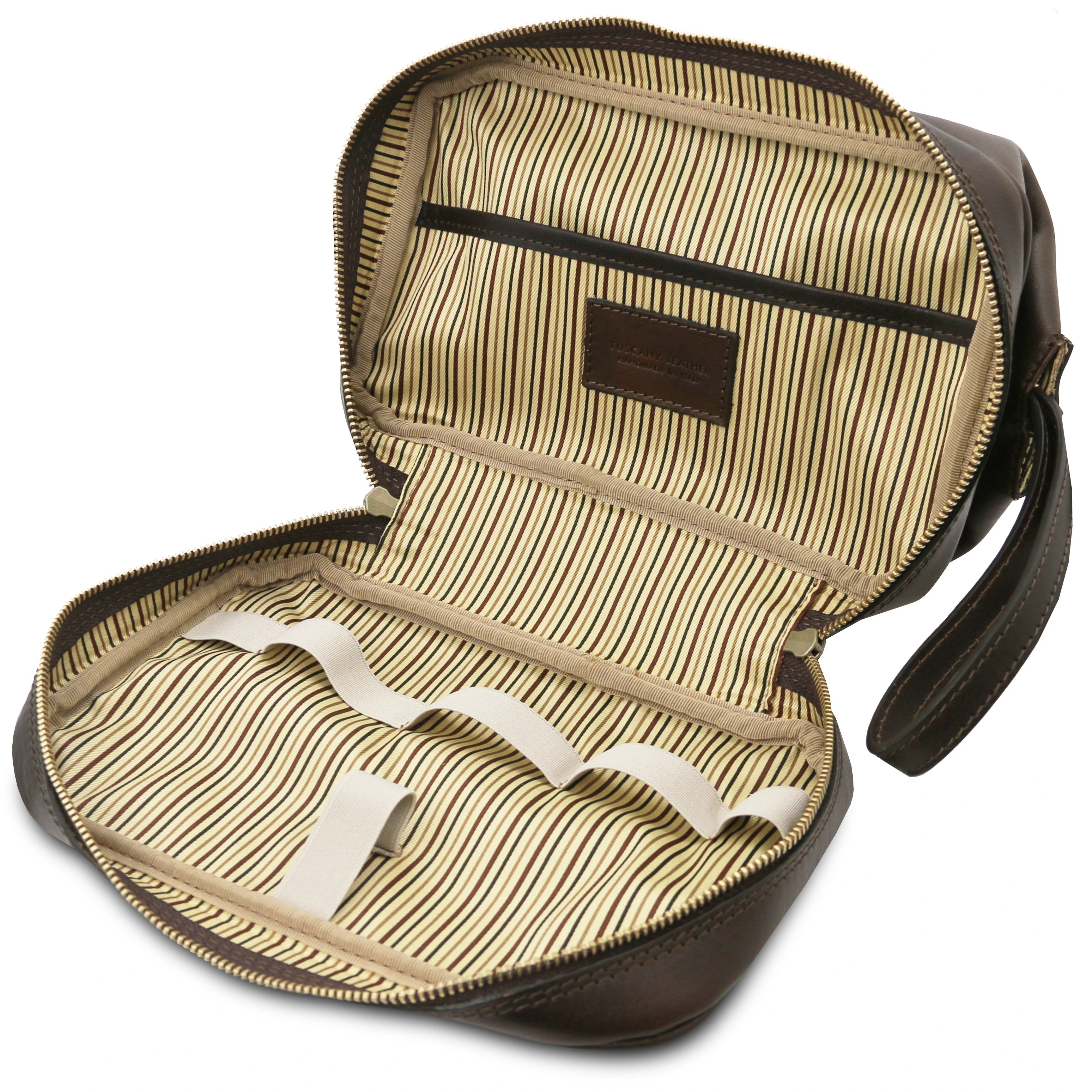 Fully opened Interior view showing vintage striped interior, Jacob Leather Toilet Bag in dark brown