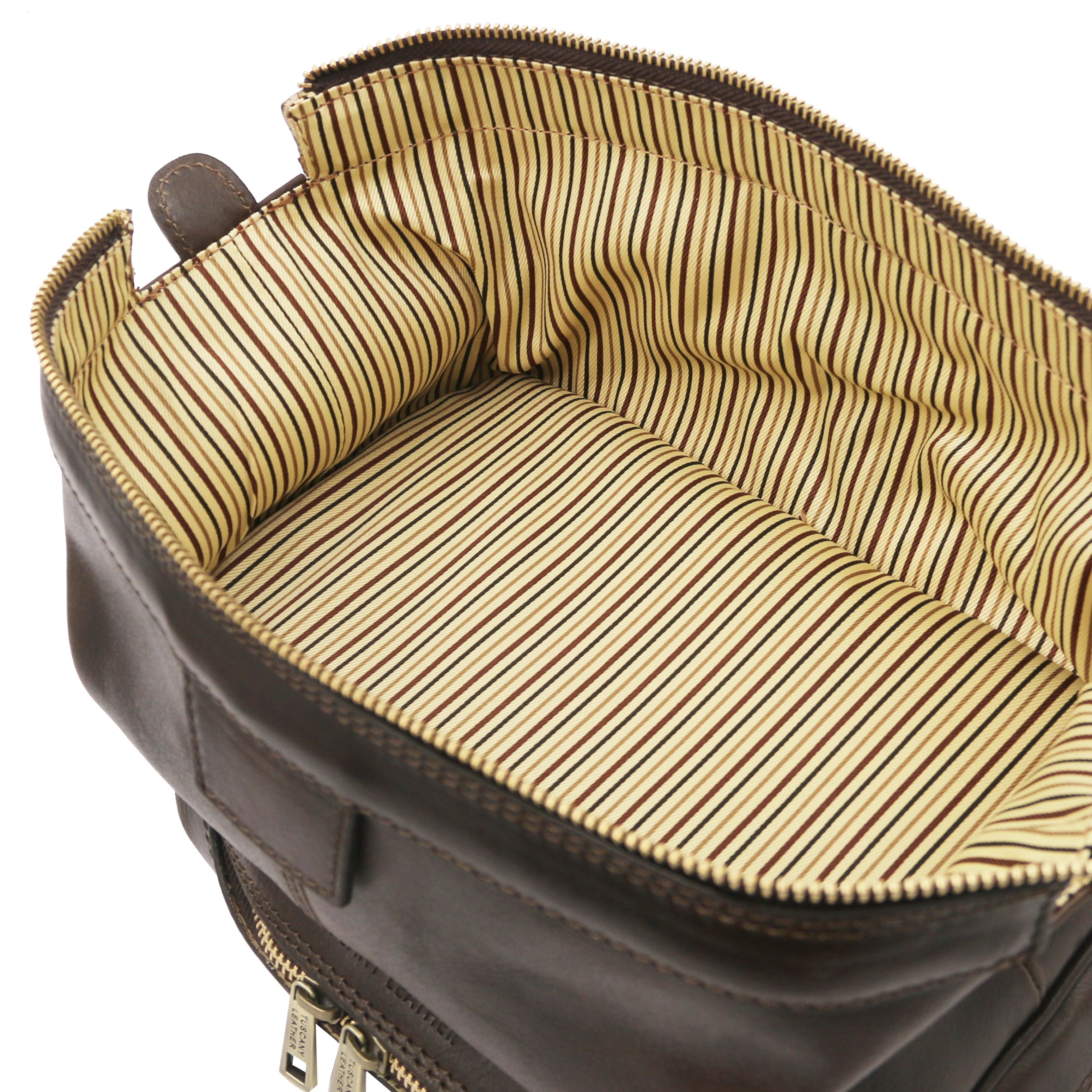 Fully opened bottom compartment view showing vintage striped interior, Jacob Leather Toilet Bag in dark brown