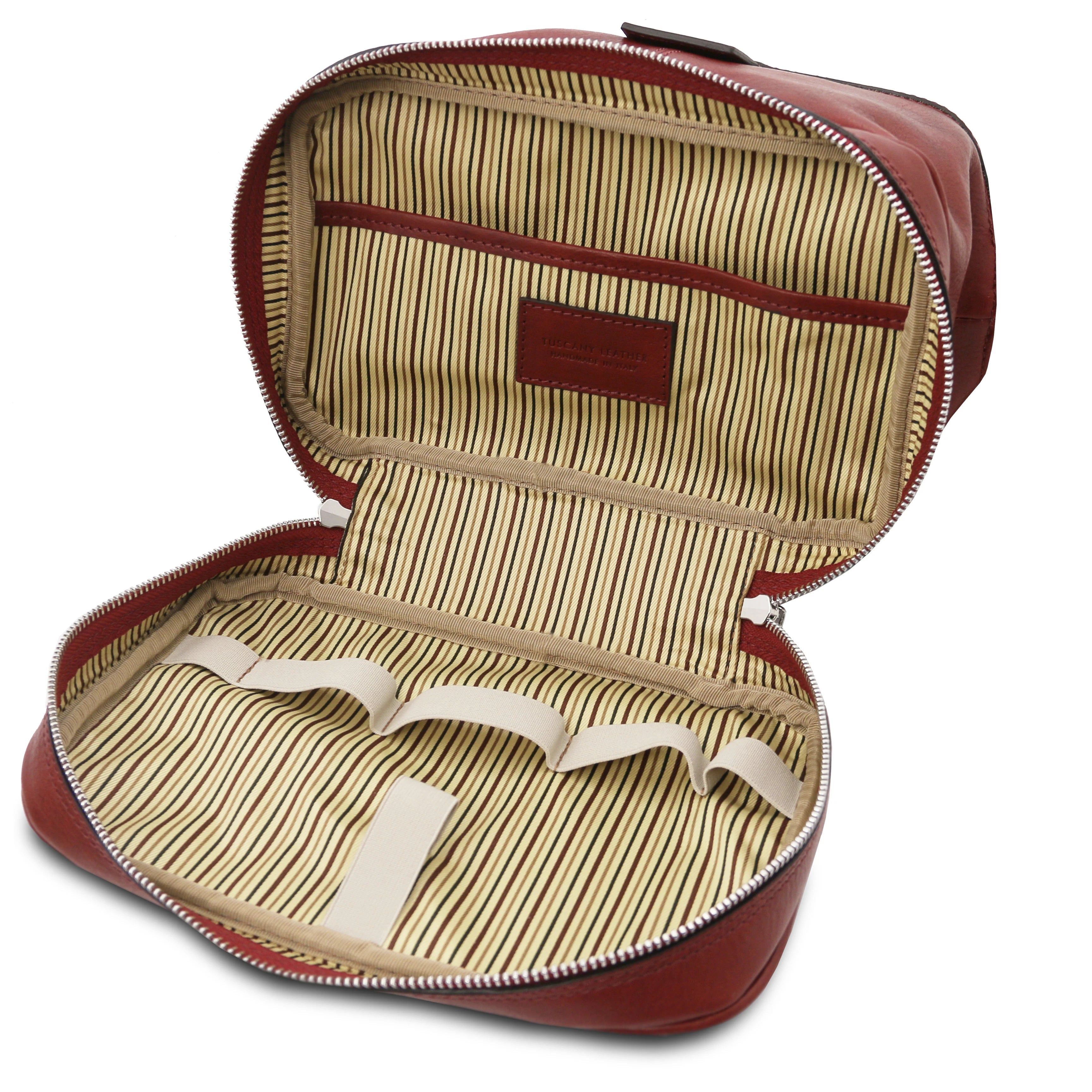 Fully opened Interior view showing vintage striped interior, Jacob Leather Toilet Bag in red