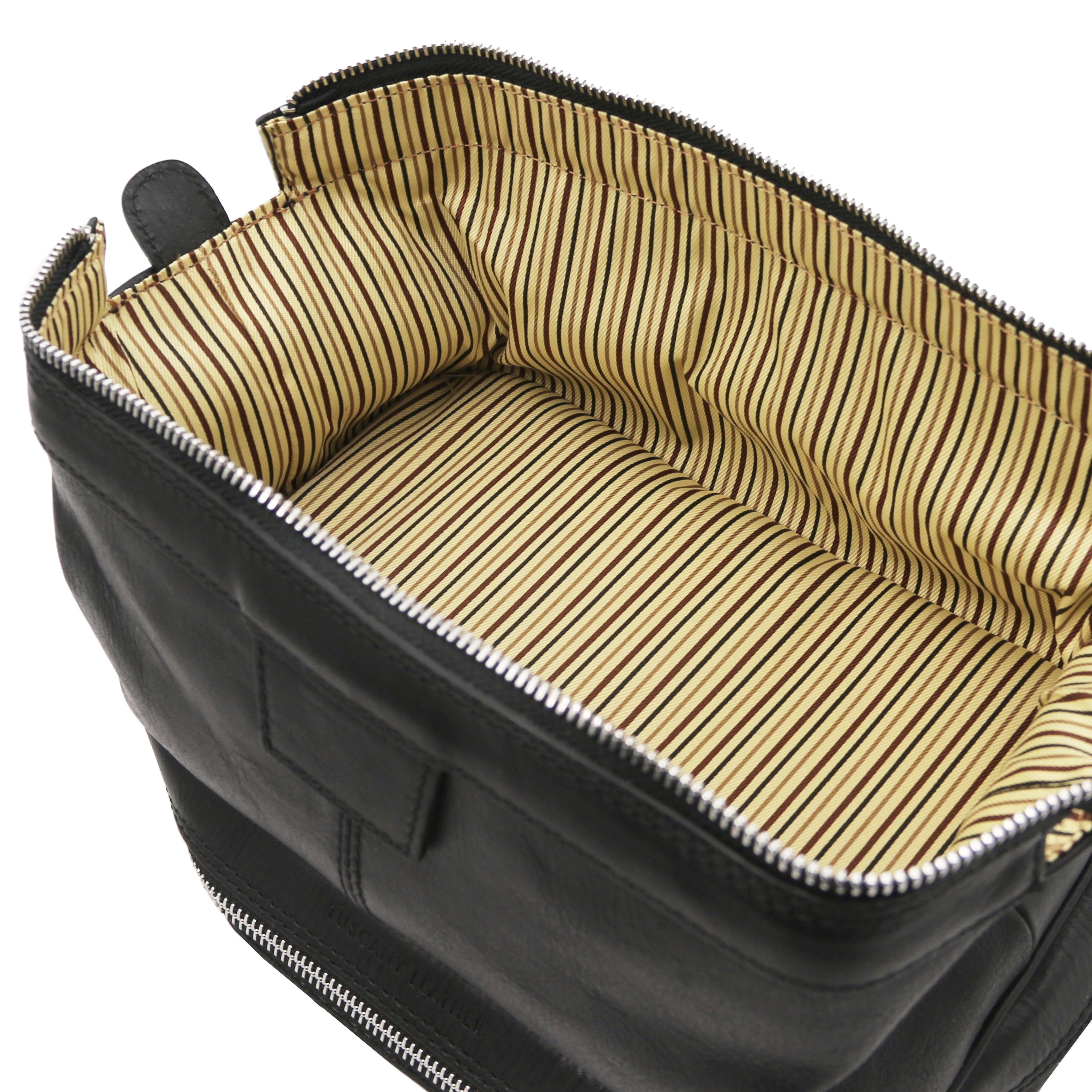 Fully opened bottom compartment view showing vintage striped interior, Jacob Leather Toilet Bag in black