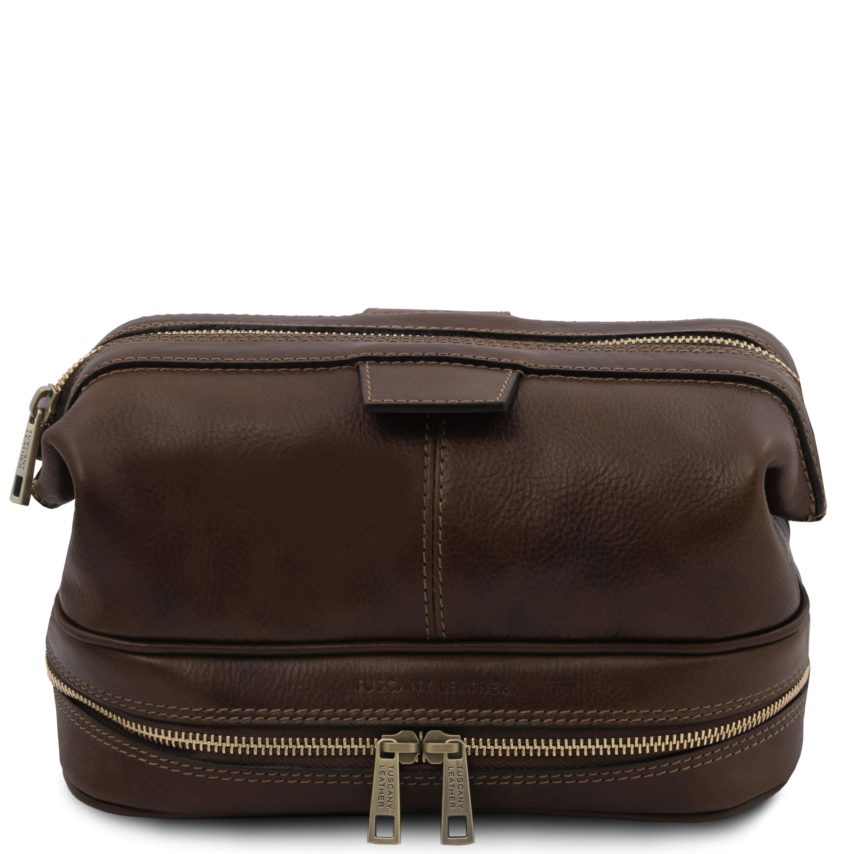 Front view Jacob Leather Toilet Bag in dark brown on a white background