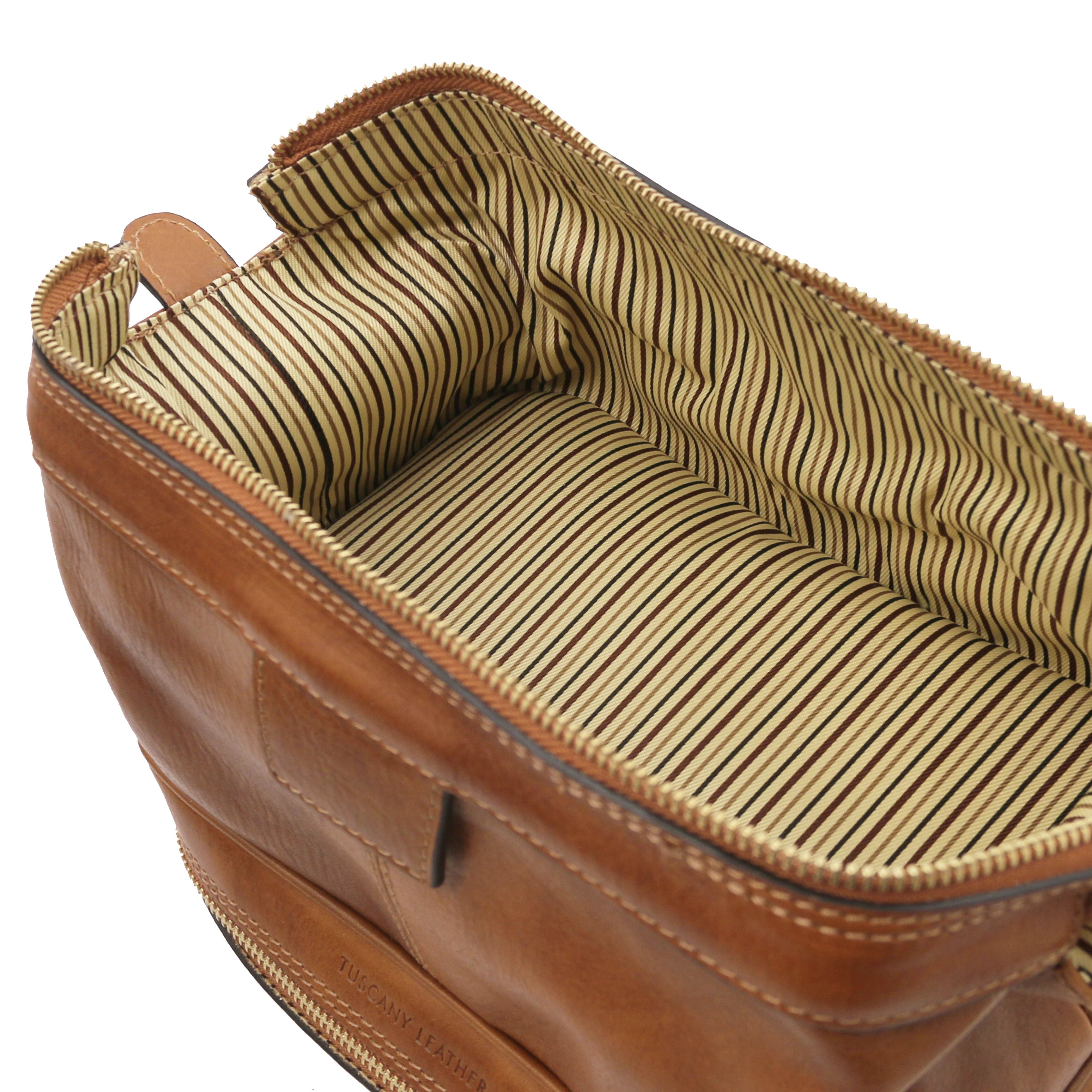 Fully opened bottom compartment view showing vintage striped interior, Jacob Leather Toilet Bag in natural