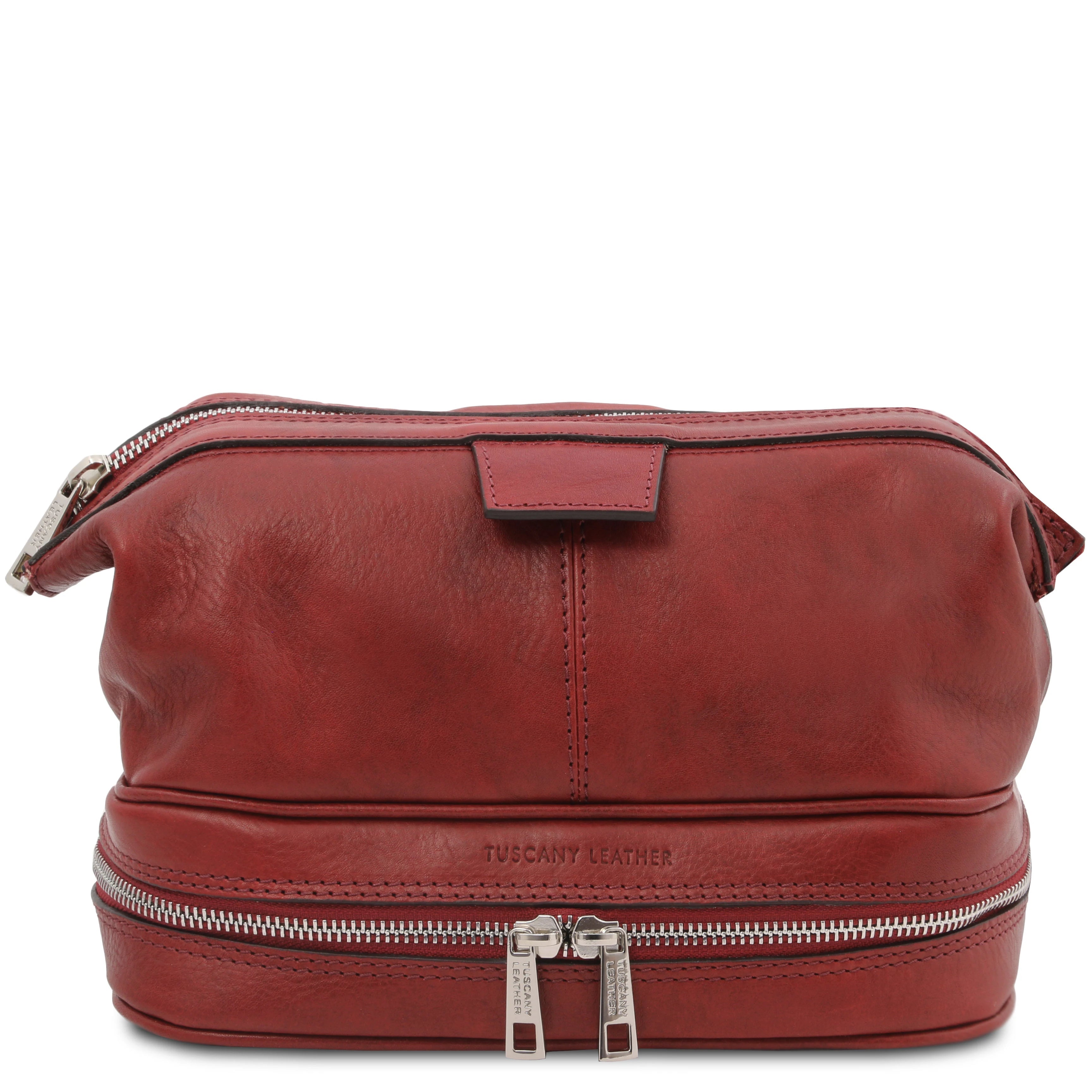 Front view Jacob Leather Toilet Bag in red on a white background