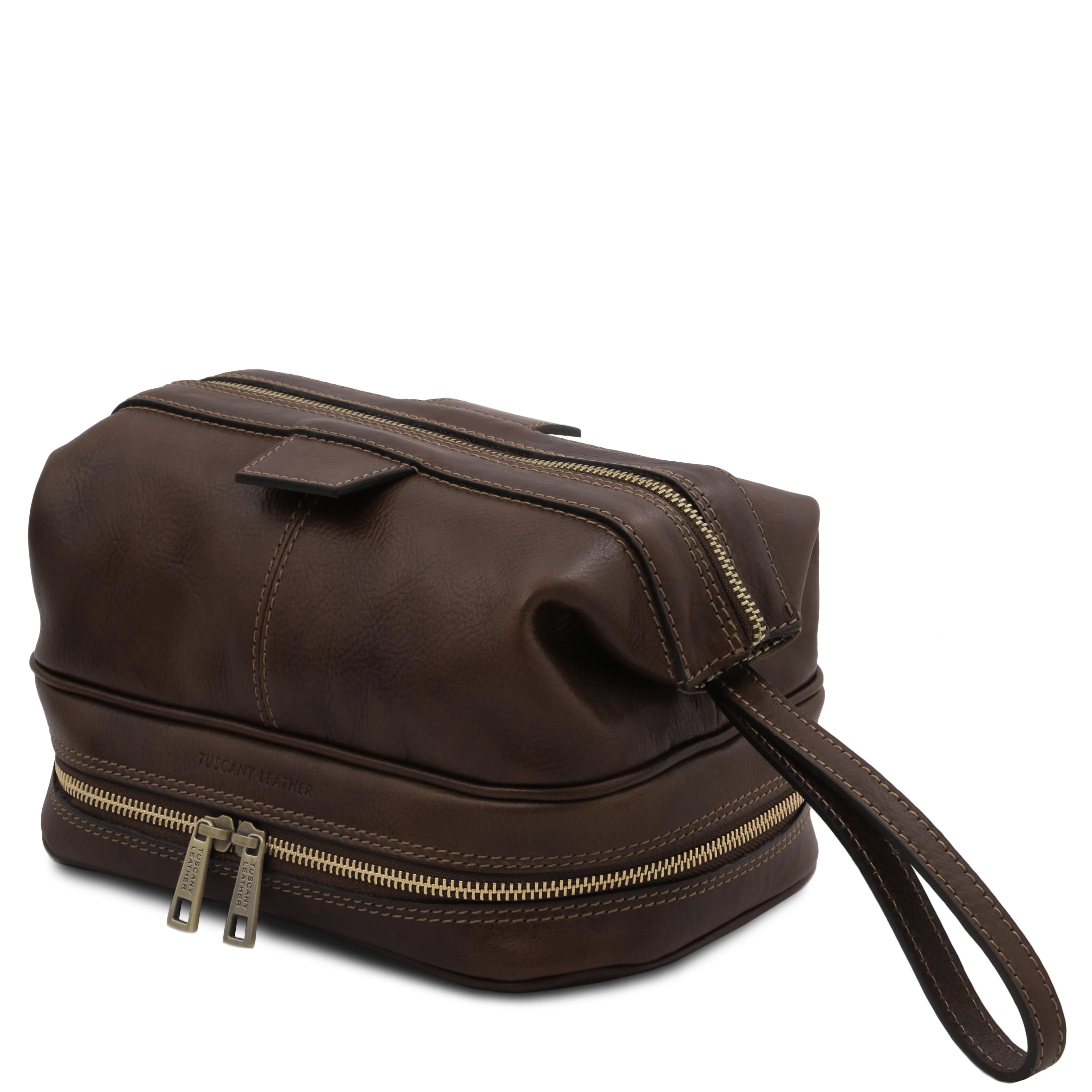 Side view showing handle, Jacob Leather Toilet Bag in dark brown on a white background