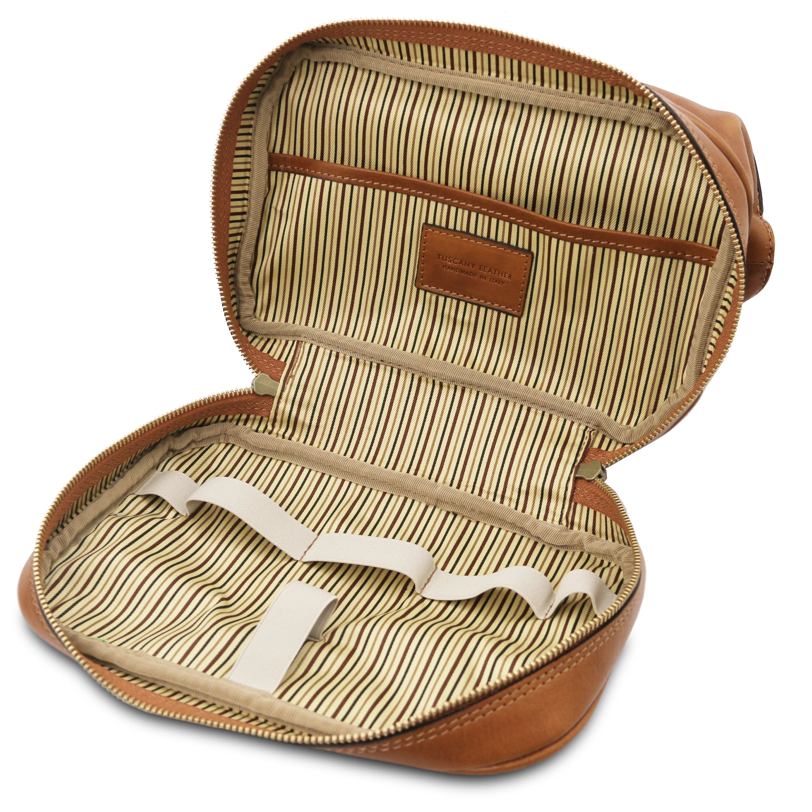 Fully opened Interior view showing vintage striped interior, Jacob Leather Toilet Bag in natural
