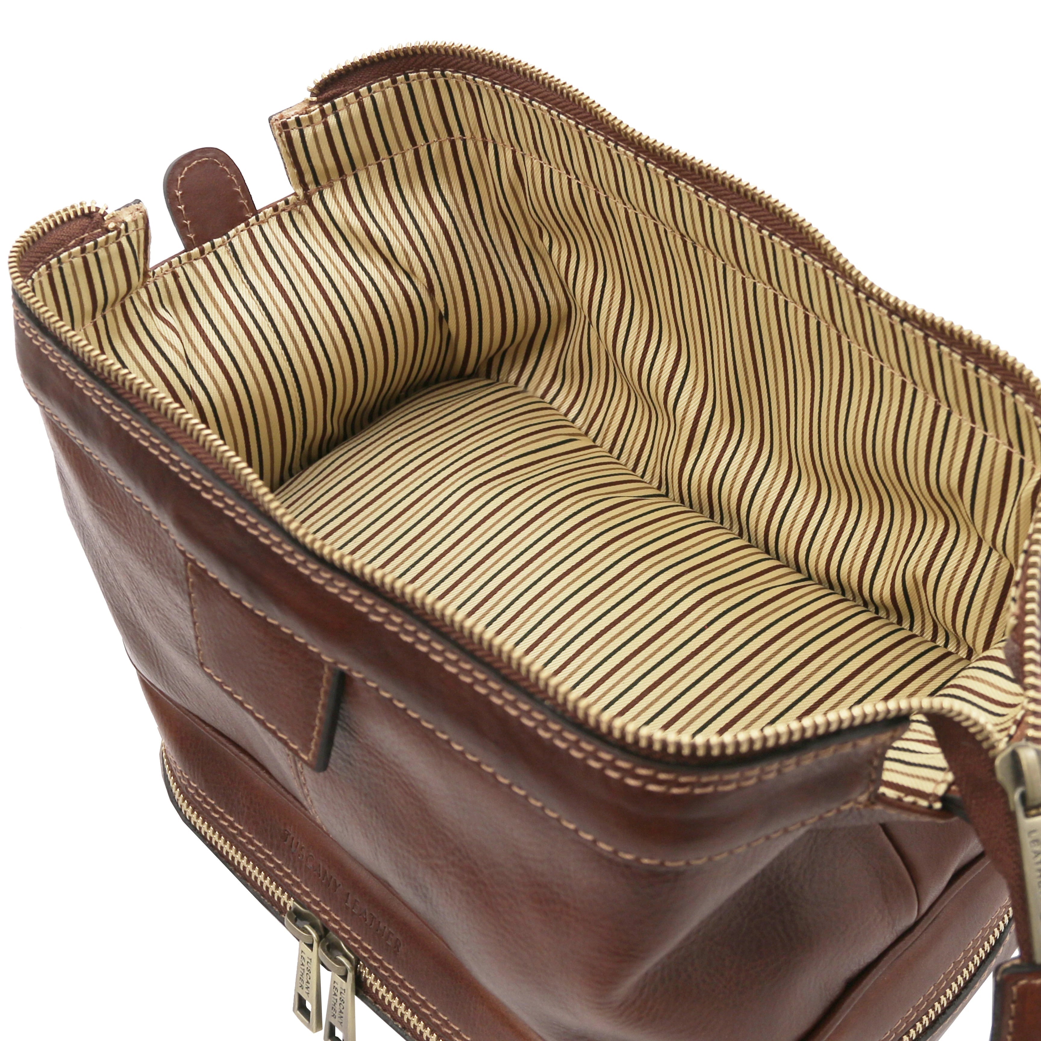Fully opened bottom compartment view showing vintage striped interior, Jacob Leather Toilet Bag in brown