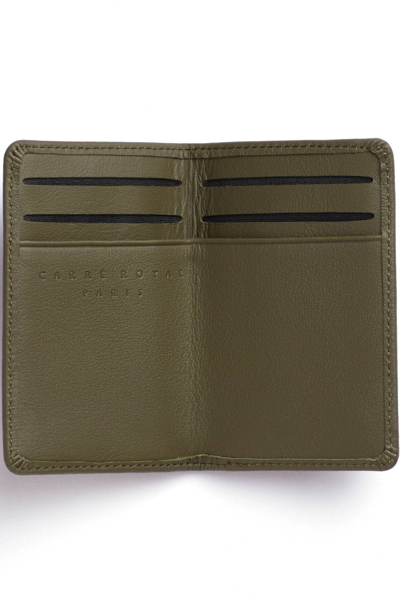 The interior pocket view of the Khaki Leather Card Holder showing for card slots on a white background - L'Atelier Global