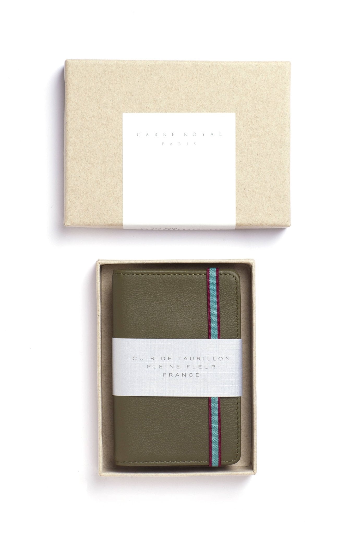 Khaki Leather Card Holder and box on a white background - L'Atelier Global