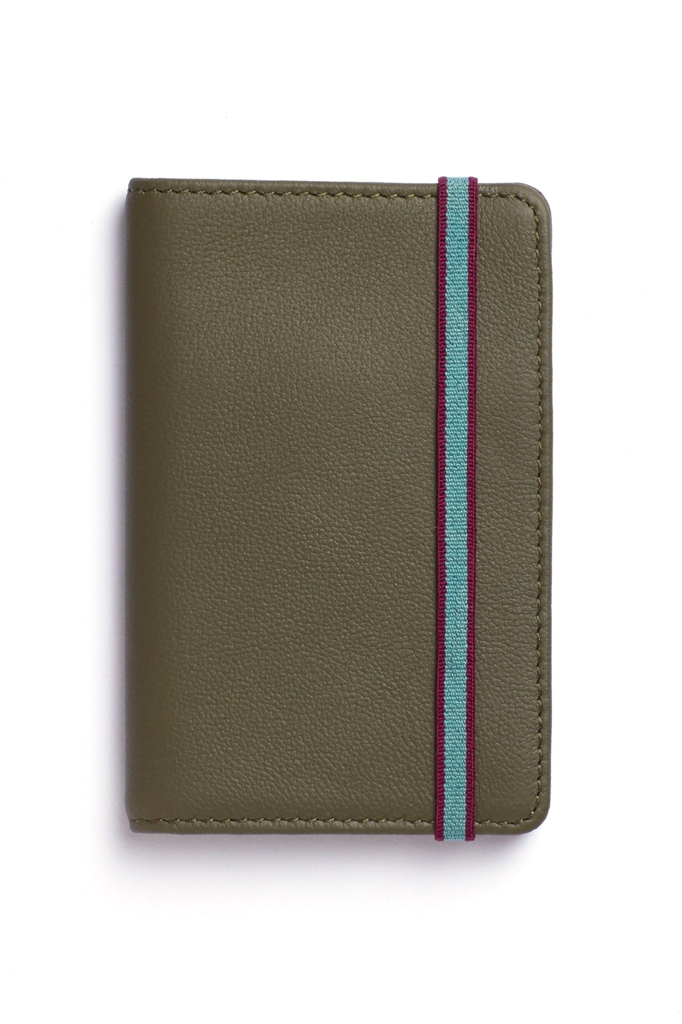 Khaki Leather Card Holder with light blue and burgundy wraparound elastic closure on a white background - L'Atelier Global