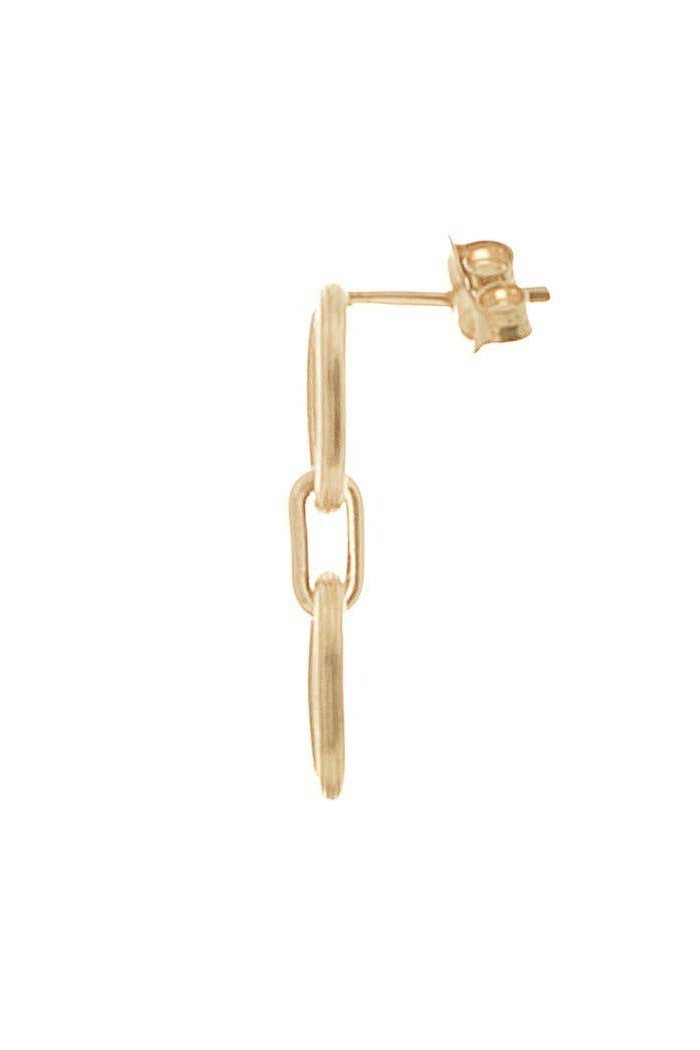 Side view of the Larissa Circular Gold Dangle Earrings on a white background.- L'Atelier Global