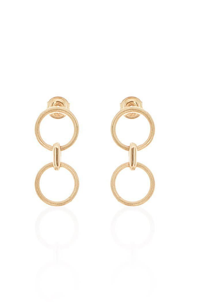 Larissa Circular Gold Dangle Earrings on a white background. To circles dangle from a post.