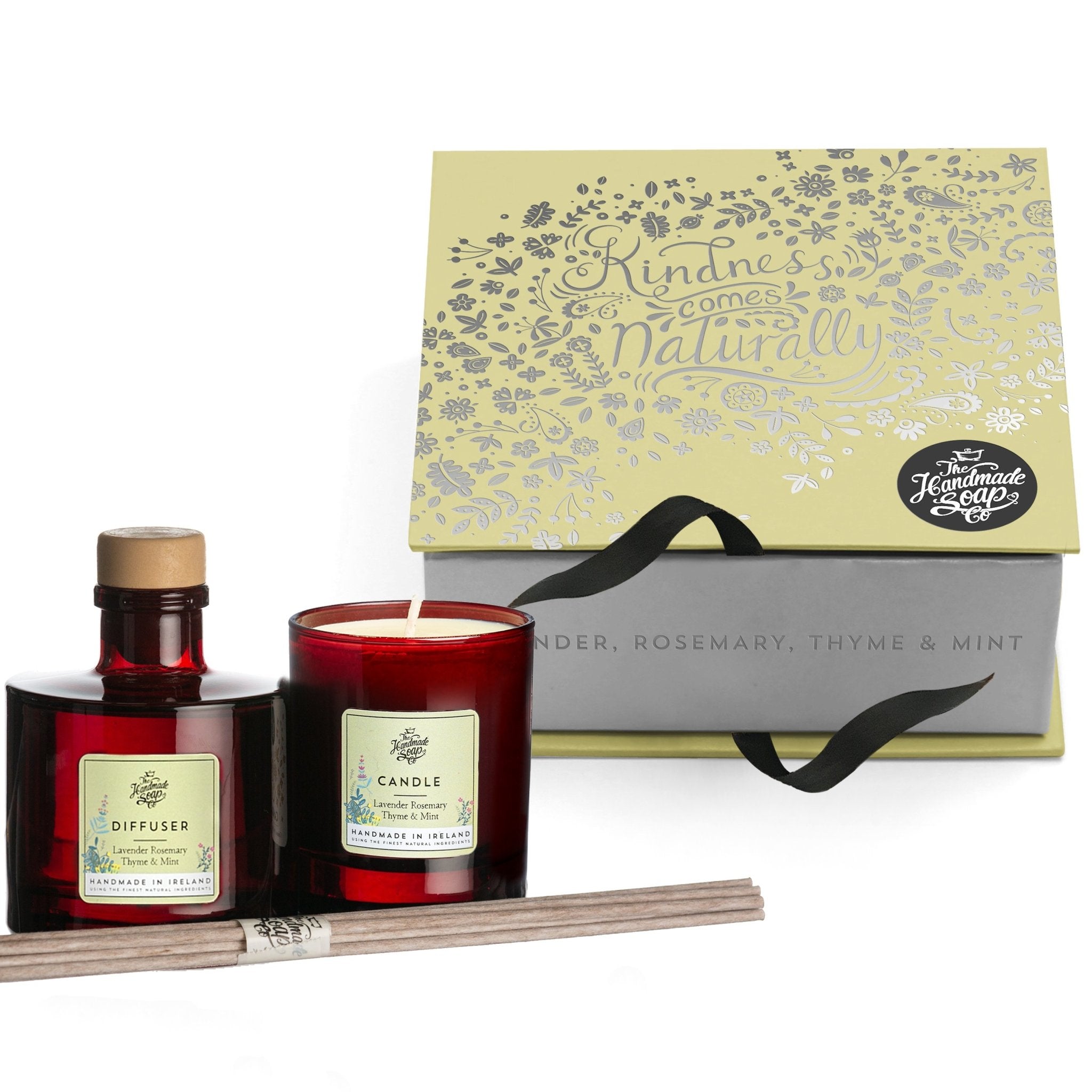 Lavender, Rosemary, Thyme & Mint Candle & Diffuser Gift Set with box on white background