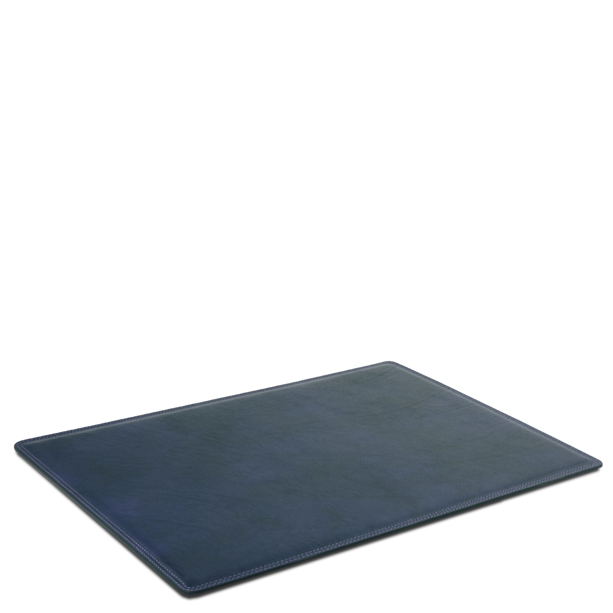 Leather Desk Pad in Dark Blue laying down on a white background