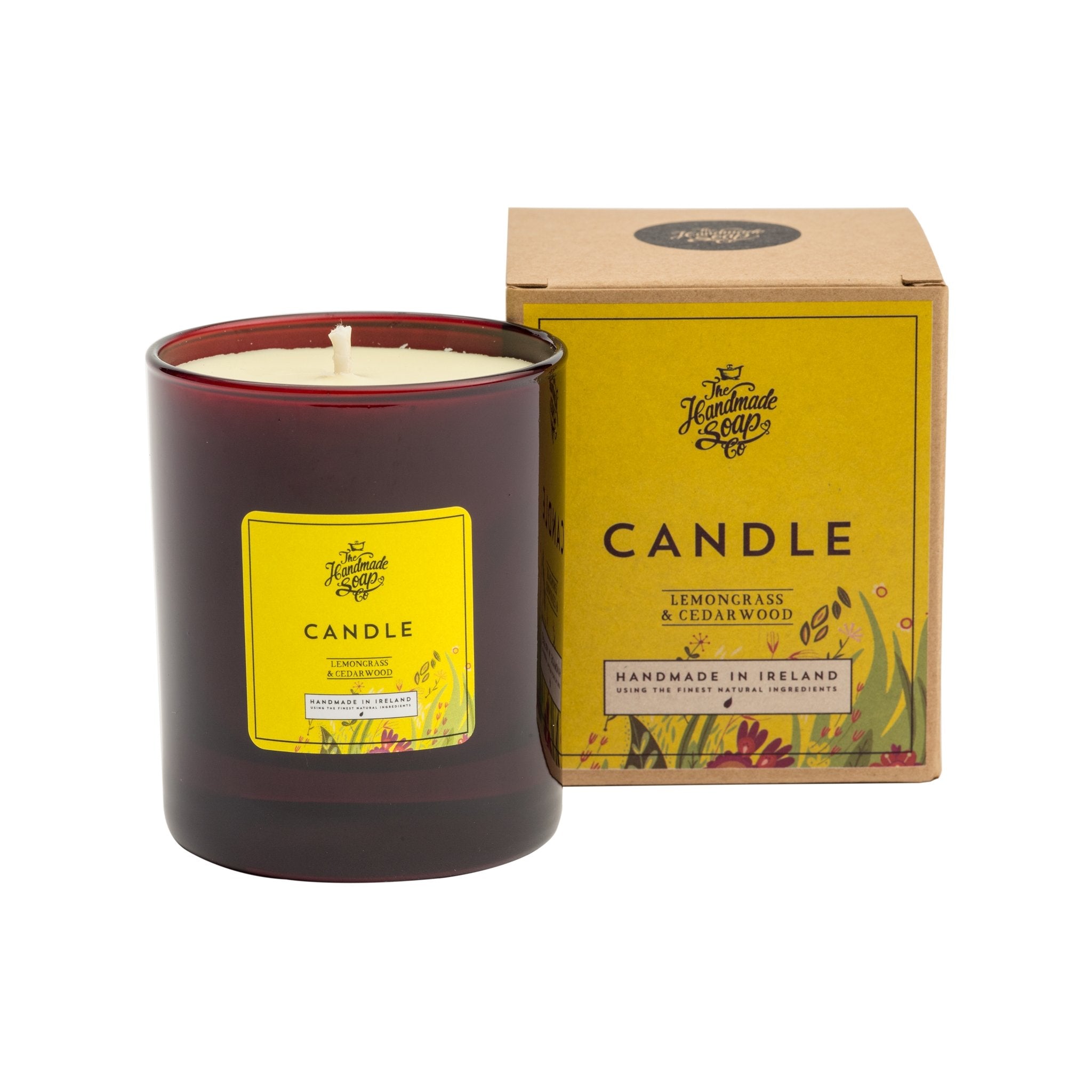 Lemongrass & Cedarwood Natural Soy Wax Candle and its box on a white background- L'Atelier Global