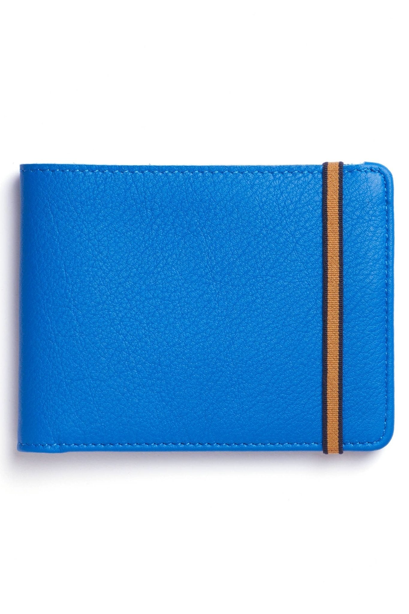 Light Blue Minimalist Wallet with orange elastic closure on a white background - L'Atelier Global