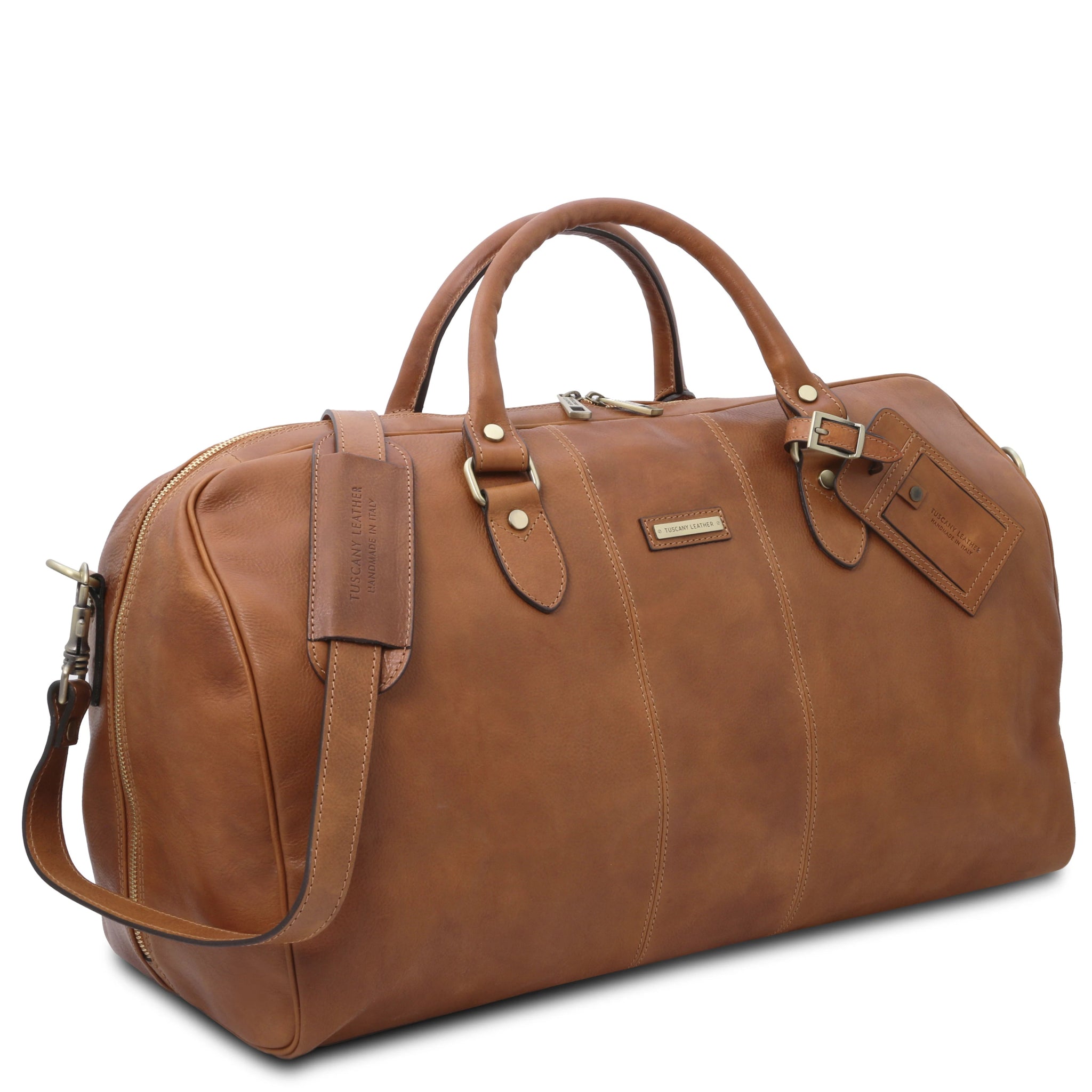 Lisbona Travel Leather Duffle Bag in Natural Side View on a white background Large size